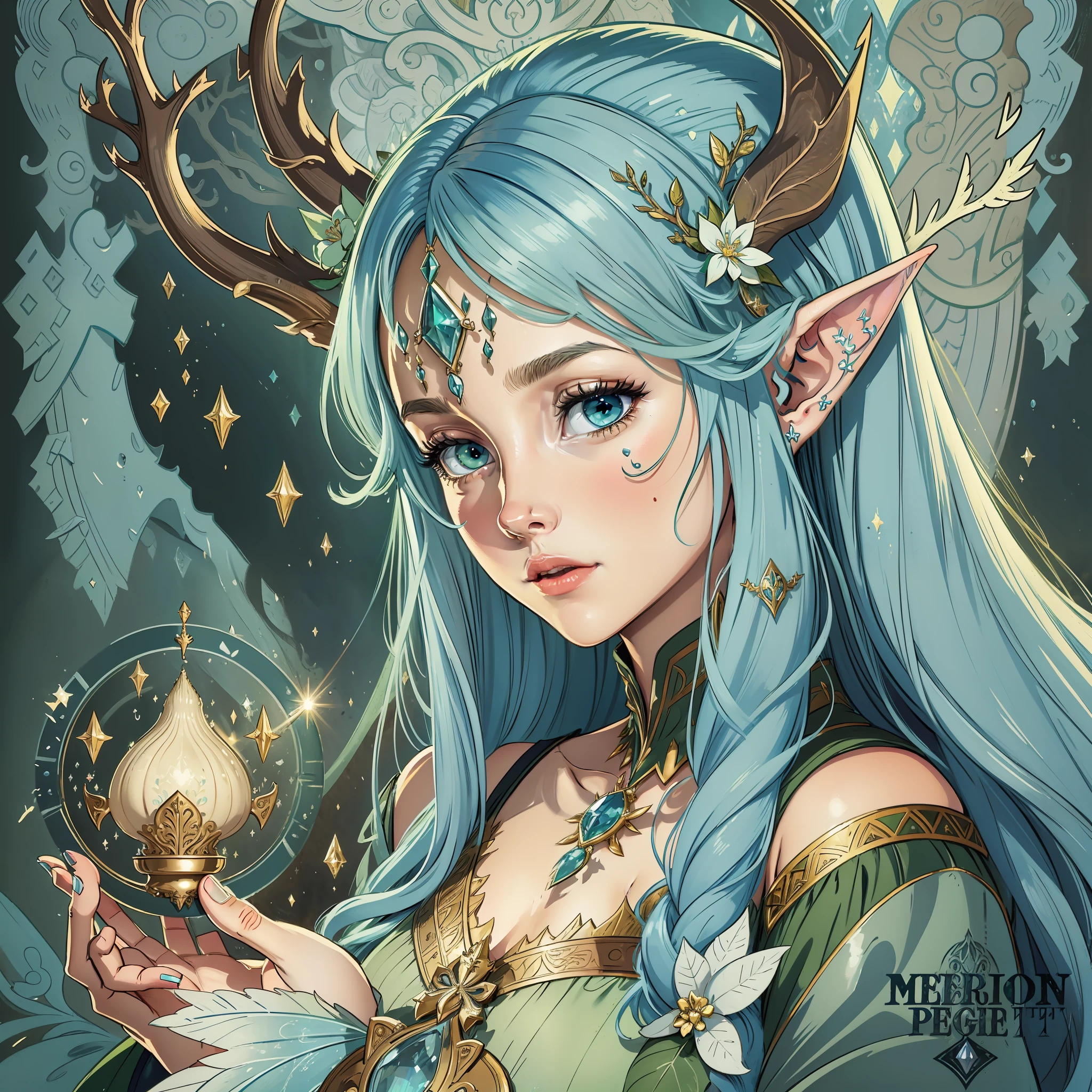 Woman with fairy wing, long blue hair, green eyes, elf pointed ears, with long deer horns, with healing power, bright light, fairy portrait, fantasy, mystic, detailed portrait, castle scenery with mushroom around