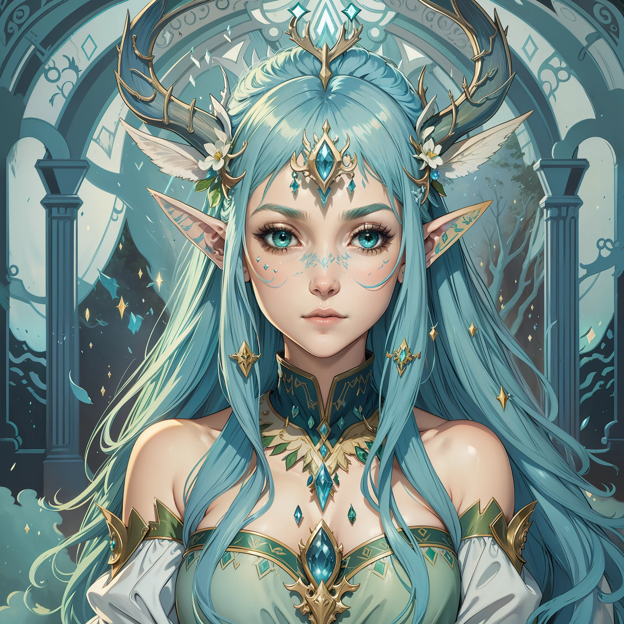 Woman with fairy wing, long blue hair, green eyes, elf pointed ears, with long deer horns, with healing power, bright light, fairy portrait, fantasy, mystic, detailed portrait, castle scenery with mushroom around