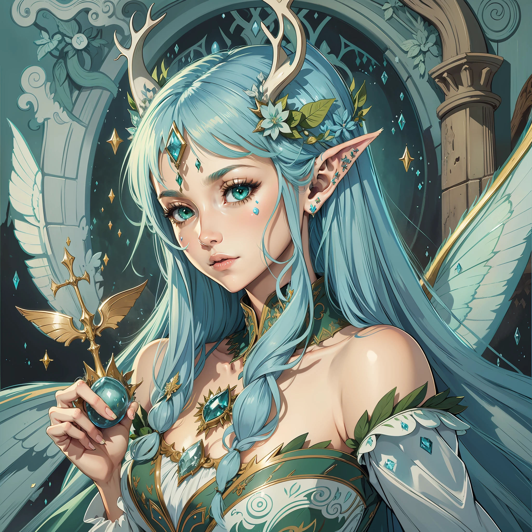 Woman with fairy wing, long blue hair, green eyes, elf pointed ears, with long deer horns, with healing power, bright light, fairy portrait, fantasy, mystic, detailed portrait, castle scenery with mushroom around