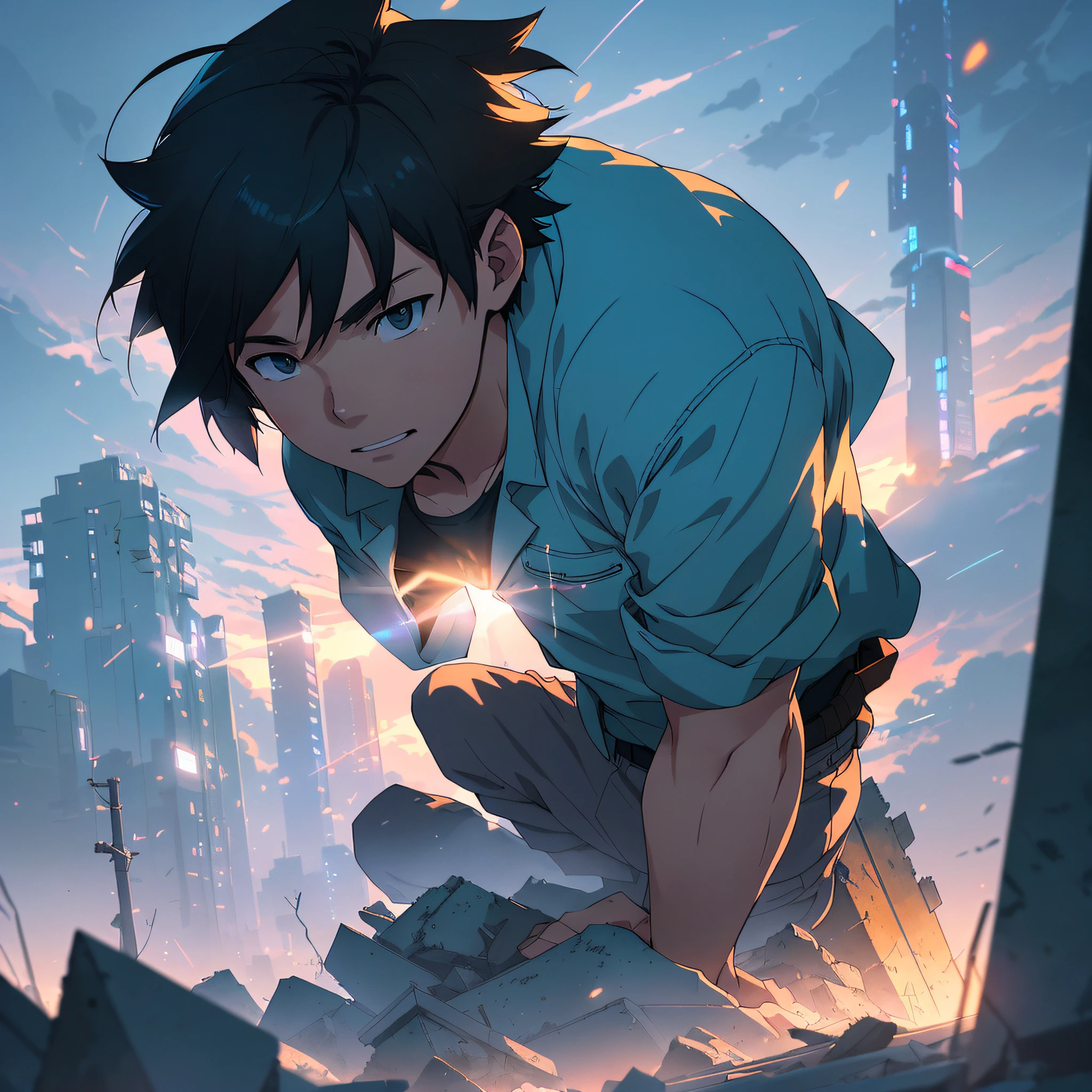 anime boy kneeling down on a pile of rubble with a city in the ...