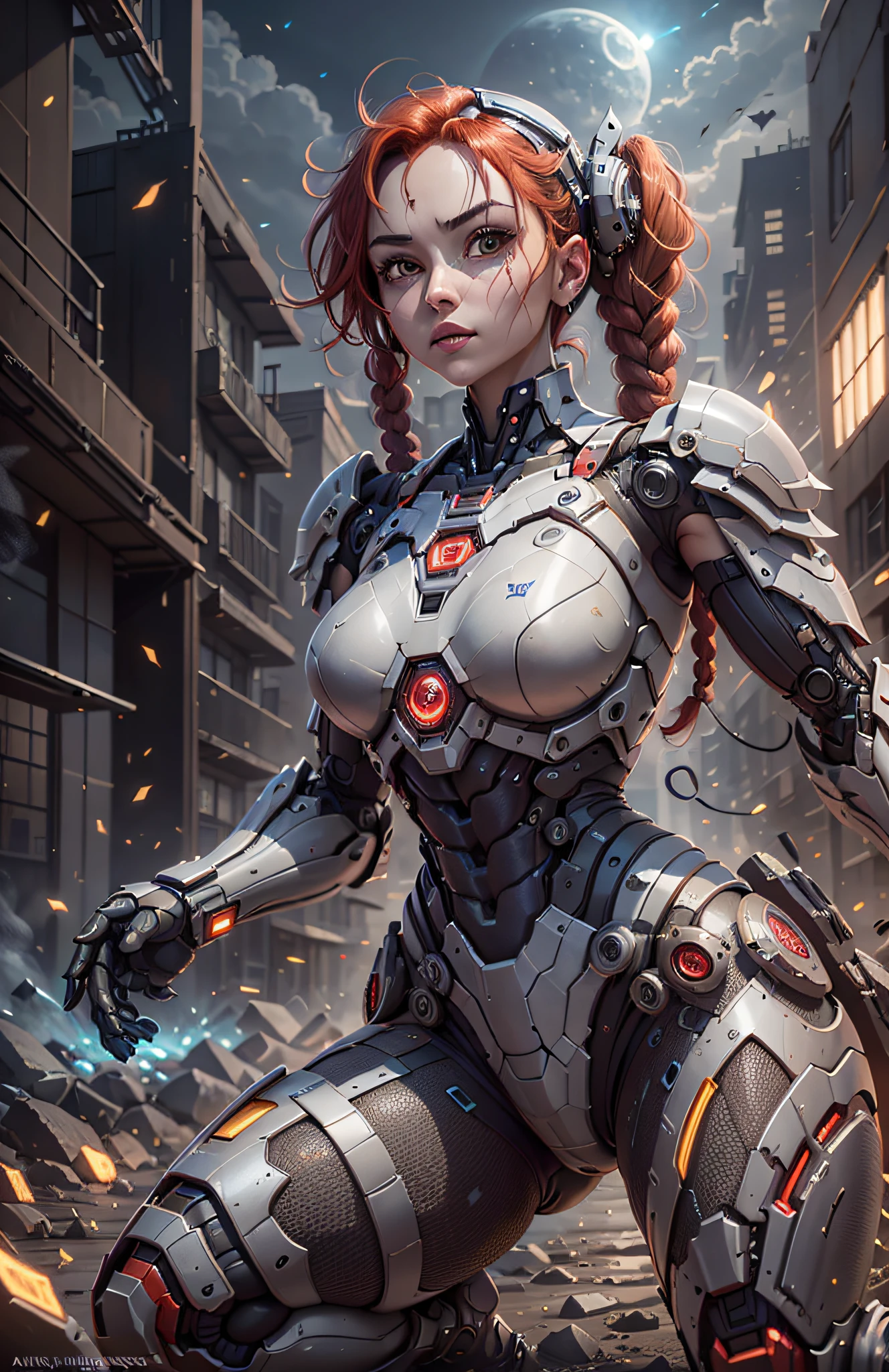 (Best Quality)), ((Masterpiece)), (Very Detailed: 1.3), 3D, Beautiful cyberpunk woman, Iron Man cosplay, sci-fi technology, HDR (High Dynamic Range), ray tracing, nvidia RTX, super resolution, unreal 5, subsurface scattering, PBR texture, post-processing, anisotropic filtering, depth of field, maximum sharpness and sharpness, multi-layer texture, specular and albedo mapping, surface shading, accurate simulation of light-material interactions,  perfect proportions, octane rendering, duotone lighting, low ISO, white balance, rule of thirds, wide aperture, 8K RAW, high efficiency subpixels, subpixel convolution, light particles, light scattering, Tyndall effect, very sexy bikini, full body, battle pose, red hair with braids, bats in the sky notuno, full moon,