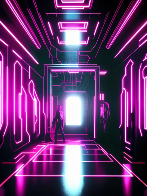 NeonNinja style, square interior space, secret room, immersive indoor horror theme, escape room, holography, projection, LED, maze, digital immersive indoor space, characters, decryption, exploration, detail, high precision, ground projection, lines, riddl...