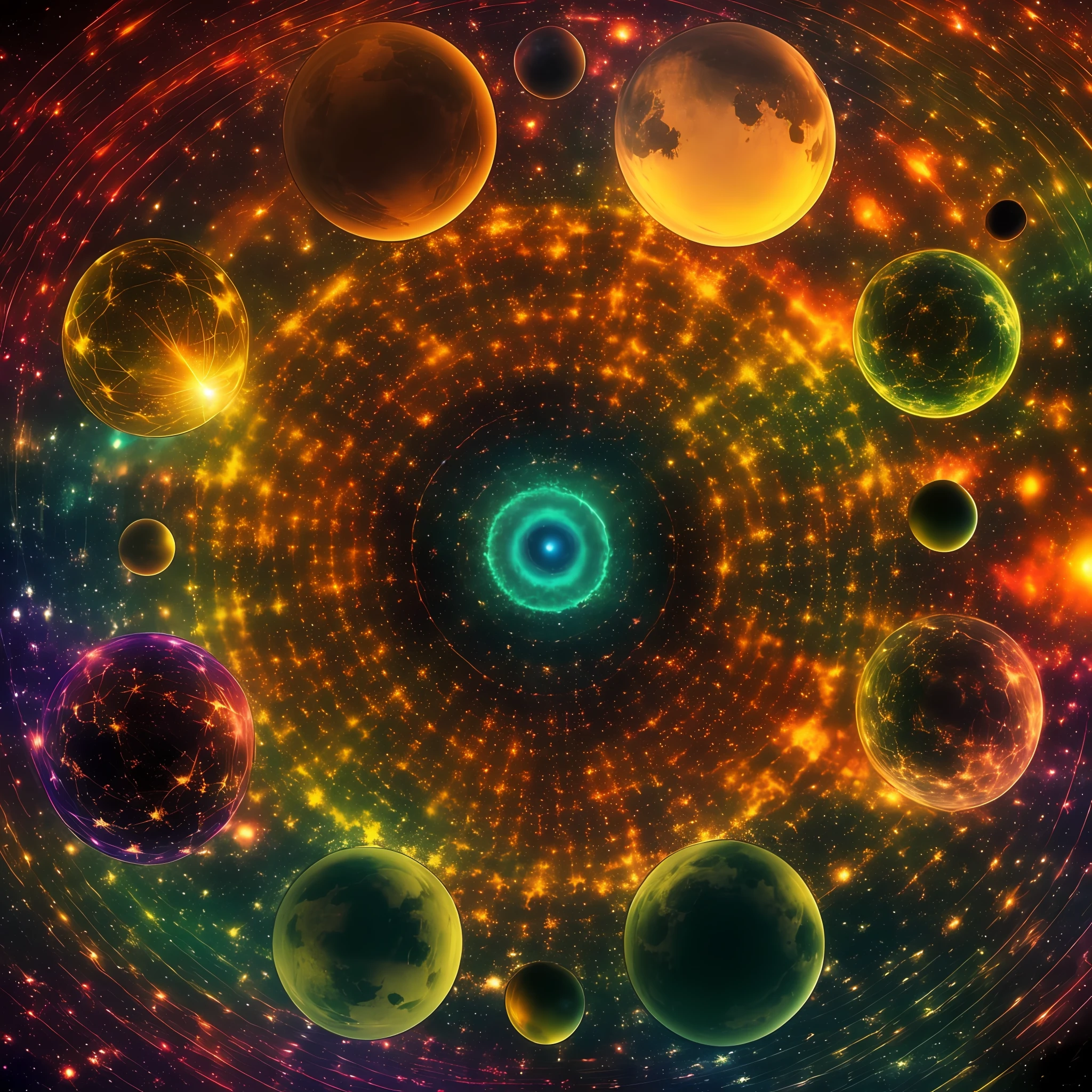 Imagine a vast universe composed of a multitude of parallel realities, each with its own unique characteristics. Your task is to create an image that captures the essence and complexity of the multiverse.