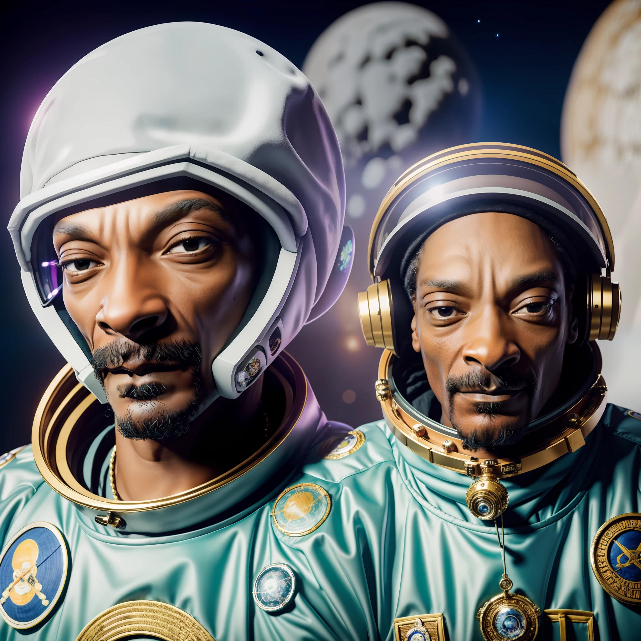 Snoop Dogg vestido com uma fantasia completa e ultra realista de astronauta, Na Lua, ao fundo ao fundo está o planeta Terra, pequeno e distante, 8K, cinema, foto, foto, Realismo, melhor qualidade, obra de arte, alta resolução,