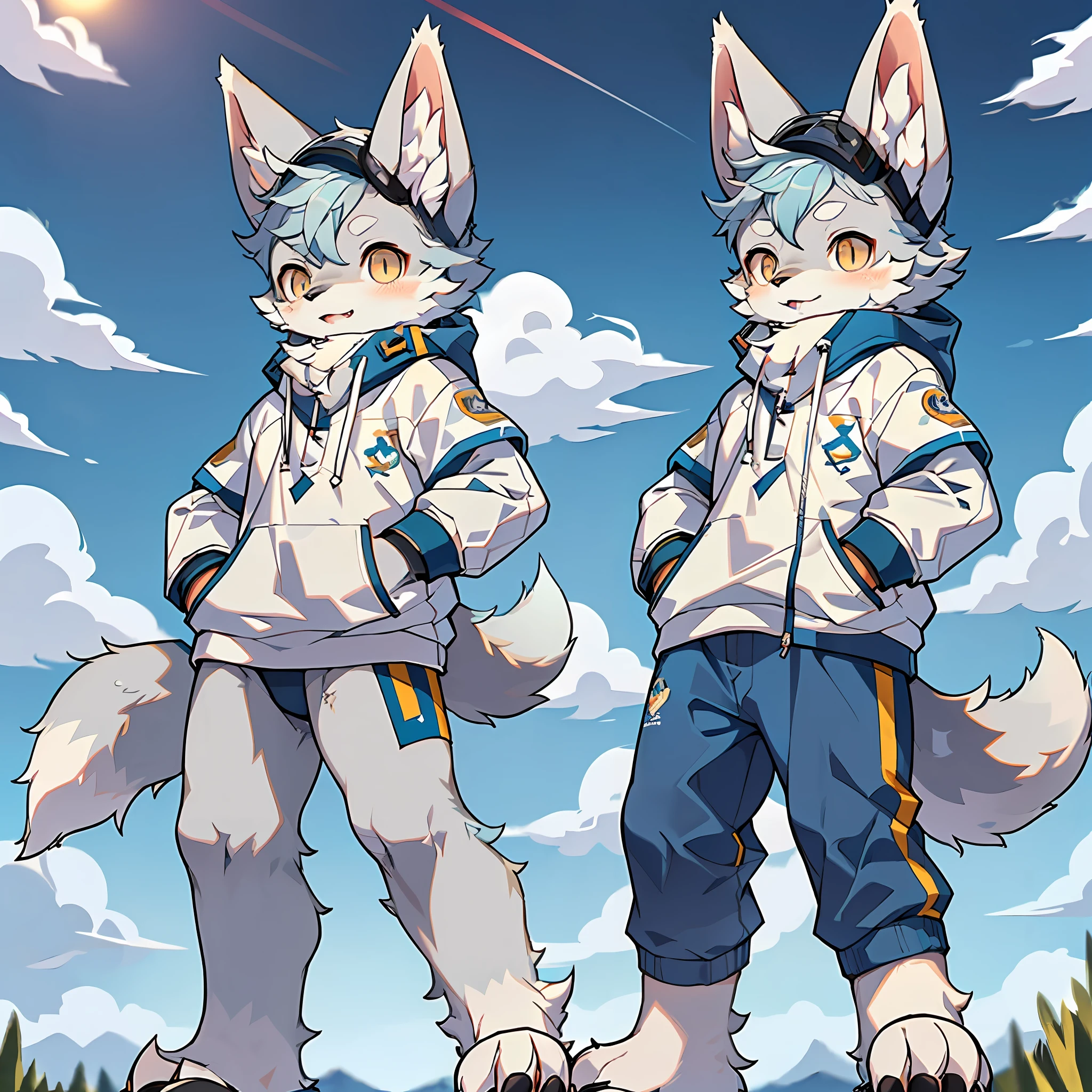 (Best Quality), (Masterpiece), ((Solitary), (Ultra Detailed), (Furry), Full Body Furry, Furry, (Male Arctic Fox: 1.5), (Gray Skin: 1.3), (Fluffy Tail: 1.2), Character Focus, (Golden Eyes), (Canine Paws), (Grey Ears), Sharp Focus, (Furry of Animal Ears), Wearing a Football Suit, Playing Soccer, On the Football Field, Detailed Background, Sunny Sky, Blue Sky and White Clouds