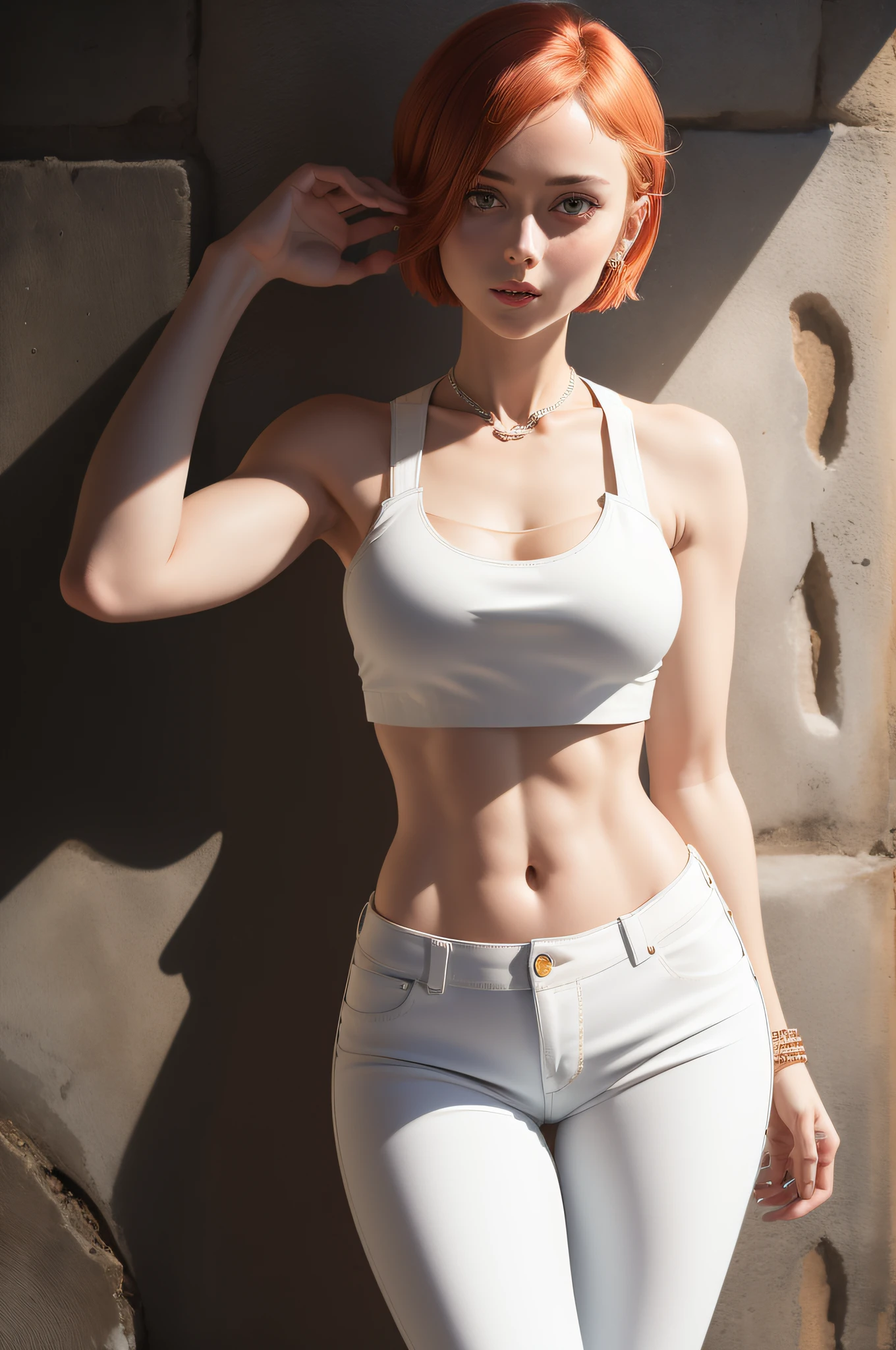 Super sexy Mariia wearing (lowcut skinny (flared jeans)), ((white croptop:1.5) tanktop with visible neckline), bobcut red hair, photorealistc, photography, (high resolution), (photorealistic:1.4), (extremely intricate), (exquisitely detailed), highly detailed, highres, original, extremely detailed 8K wallpaper, best quality, detailed face, ultra-detailed, raw photo, realistic, (thigh gap:1.5)