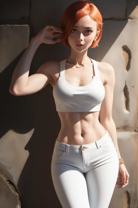 Super sexy Mariia wearing (lowcut skinny (flared jeans)), ((white croptop:1.5) tanktop with visible neckline), bobcut red hair, ...