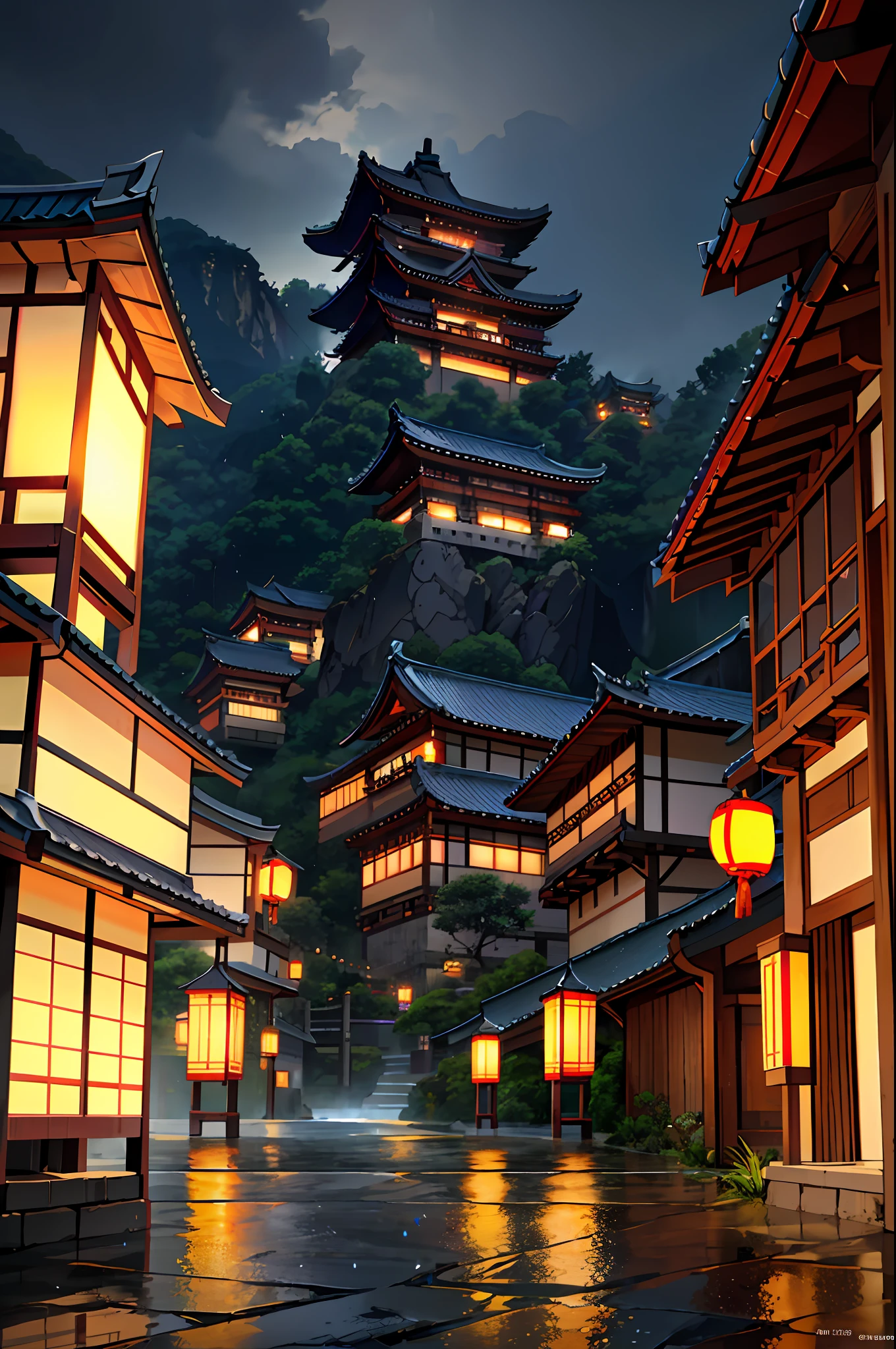 มองเห็นหมู่บ้านที่มีแสงไฟส่องจากอาคารมากมาย, เมืองจีนในฝัน, หมู่บ้านจีน, วอลล์เปเปอร์ที่น่าทึ่ง, เมืองญี่ปุ่น, หมู่บ้านญี่ปุ่น, ภาพถ่ายเมืองที่สมจริงมาก, หมู่บ้านเอเชียเก่า, เมืองญี่ปุ่น, โดย เรย์มอนด์ ฮัน, ตอนเย็นฝนตก, ปราสาทโบราณของจีนไซเบอร์พังค์, อาคารที่มีแสงสว่างสวยงาม, ในตอนเย็นระหว่างฝนตก, สวยงามและสวยงาม, การถ่ายภาพ, โรงภาพยนตร์, 8k, รายละเอียดสูง ((ฝนตกหนัก)))