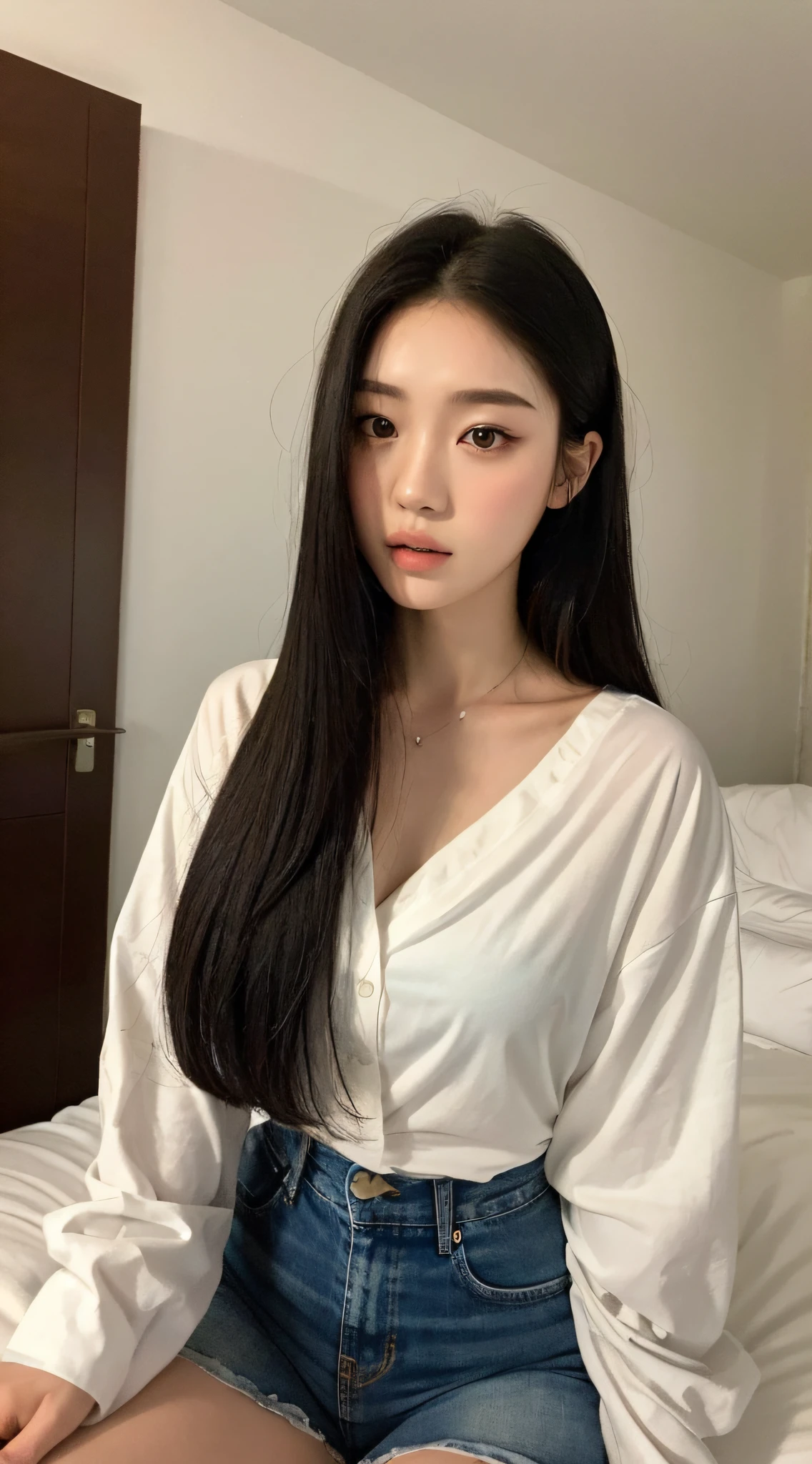 ((Top quality, 8k, Masterpiece: 1.3)), beauty, hidden face, 1 girl, beauty: 1.3, slender abs: 1.1, large men's shirt (loose: 1.4) exposed, full chest, long black hair, (kneeling on bed), ultra-detailed face, highly detailed lips, detailed eyes, double eyelids, strict head and body ratio: 1.5,