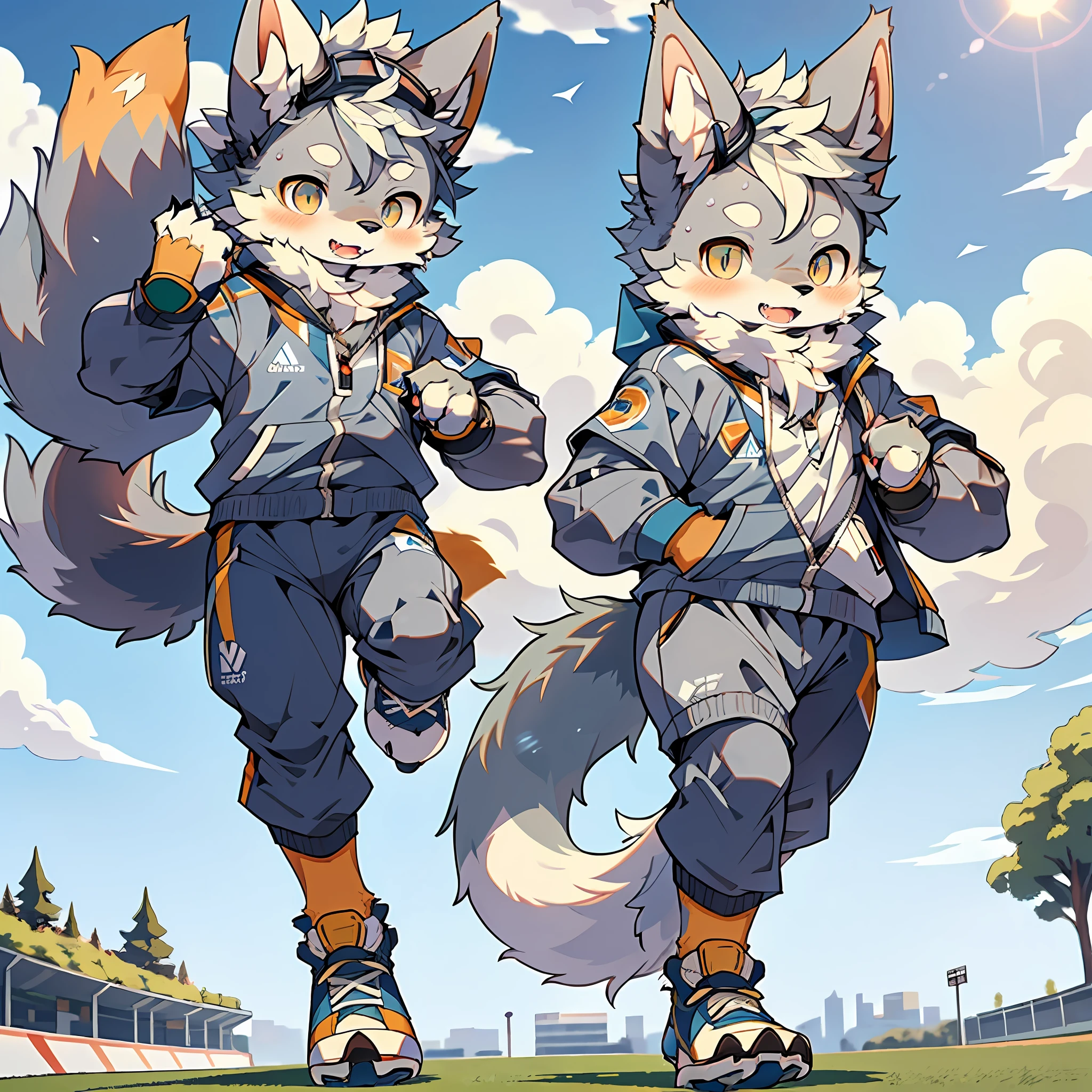 (Best Quality), (Masterpiece), ((Solitary), (Ultra Detailed), (Furry), Full Body Furry, Furry, (Male Arctic Fox: 1.5), (Gray Skin: 1.3), (Fluffy Tail: 1.2), Character Focus, (Golden Eyes), (Canine Paws), (Gray Ears), Sharp Focus, (Furry of Animal Ears), (Sports), ((Wearing a Soccer Suit)), (Playing Soccer))), ((Running)), (Dribble), Sweating, On the football field, detailed background, sunny sky, blue sky and white clouds