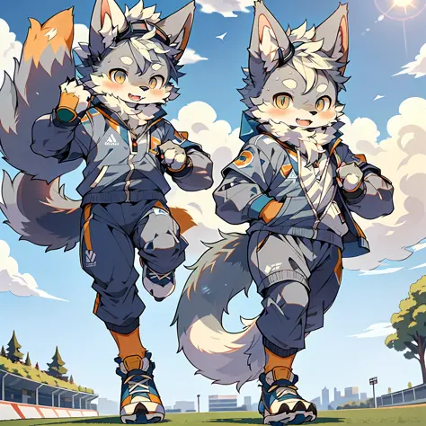 (Best Quality), (Masterpiece), ((Solitary), (Ultra Detailed), (Furry), Full Body Furry, Furry, (Male Arctic Fox: 1.5), (Gray Ski...