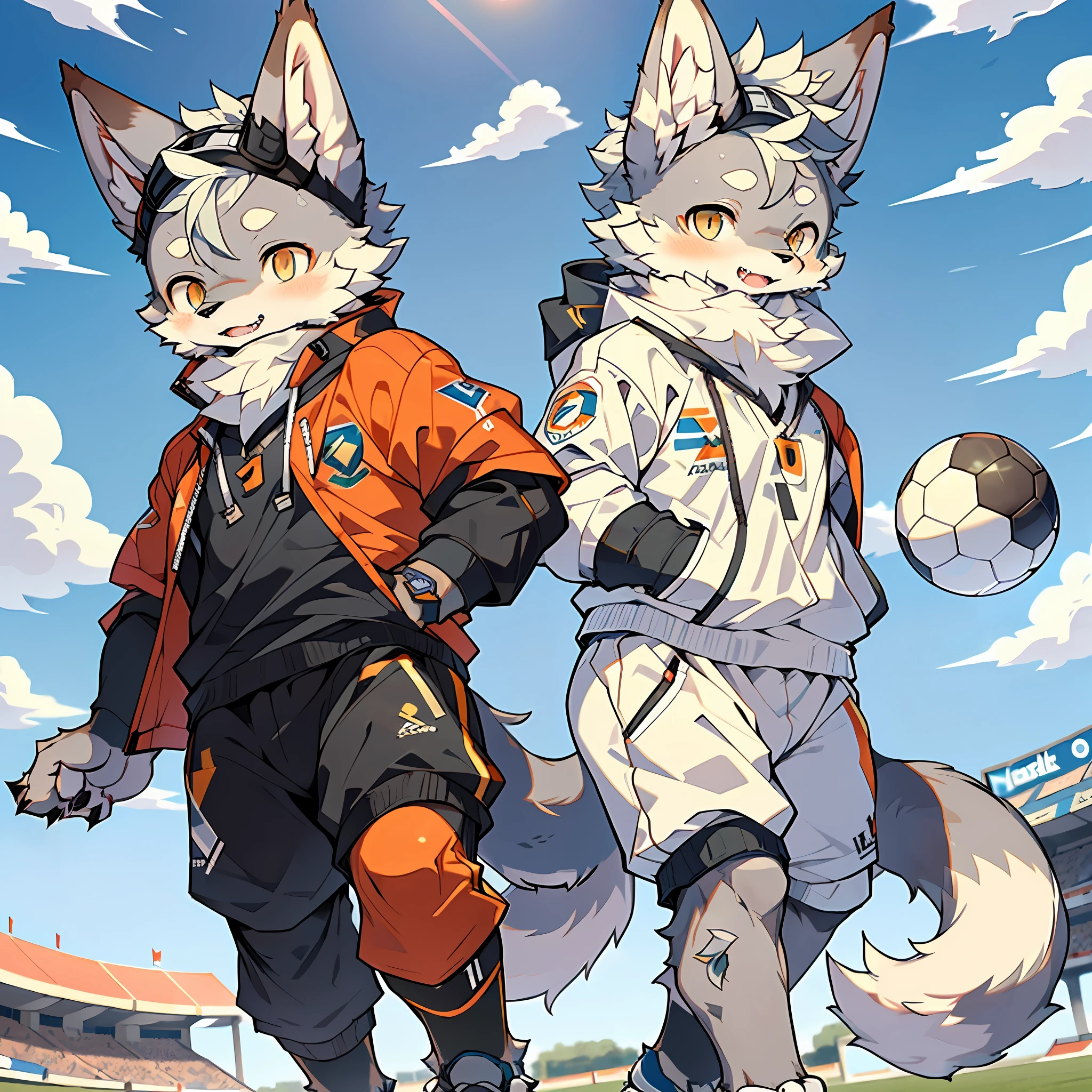 (Best Quality), (Masterpiece), ((Solitary), (Ultra Detailed), (Furry), Full Body Furry, Furry, (Male Arctic Fox: 1.5), (Gray Skin: 1.3), (Fluffy Tail: 1.2), Character Focus, (Golden Eyes), (Canine Paws), (Gray Ears), Sharp Focus, (Furry of Animal Ears), (Sports), ((Wearing a Soccer Suit)), (Playing Soccer))), ((Running)), (Dribble), Sweating, On the football field, detailed background, sunny sky, blue sky and white clouds