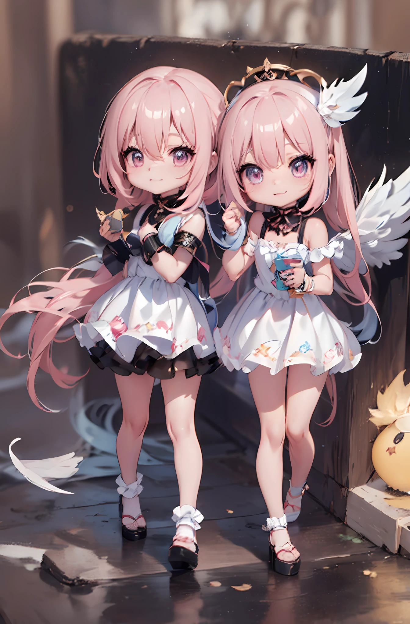 1 anime angel doll, (Chibi: 1.2), 8K high quality detail art, white feathers on the back, pink hair, gradient, twinkle, style as Nendoroid, stylized anime, anime style 4K, cute detailed digital art, Guweiz style artwork, 8K octar rendering photos, advanced digital chibi art, Cute 3d render, anime style, light, glow