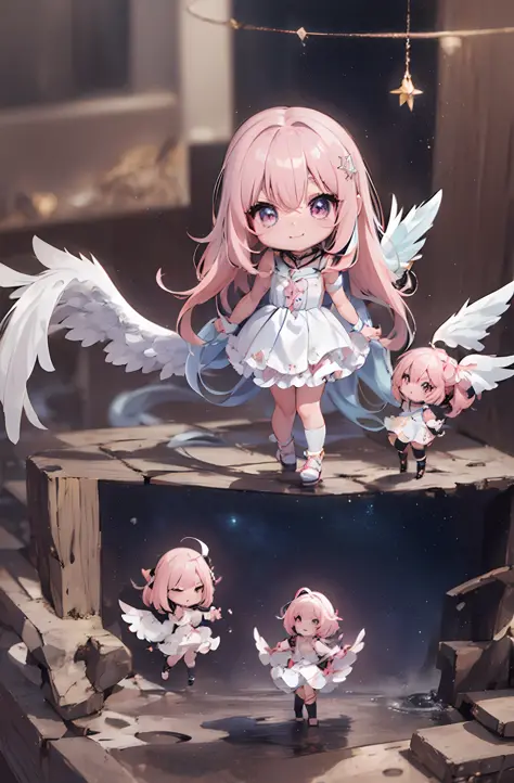 1 anime angel doll, (chibi: 1.2), 8k high quality detail art, white feathers on the back, pink hair, gradient, twinkle, style as...