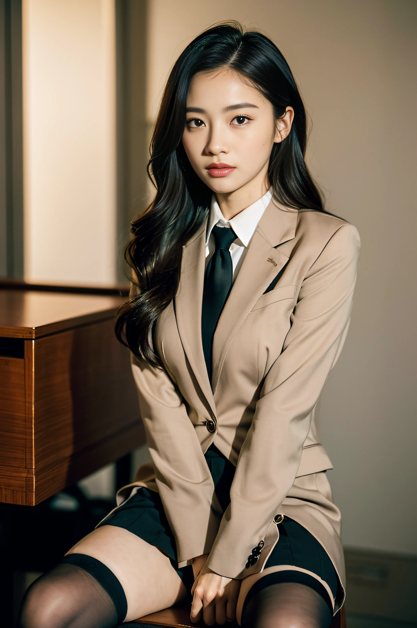 A woman, brown wavy long hair, gentle, (melon face: 1.3), (royal sister: 1.3), best picture quality, (masterpiece: 1.3), (super high resolution: 1.2), (blazer, suit skirt, black stockings: 1.6), (black eyes: 1.2), (exotic: 1.4), (young: 1.3), (Detailed face close-up: 1.5), (Realistic skin texture: 1.3), (Realistic: 1.4), (Realistic physical rendering: 1.5), (Realistic light and shadow effects: 1.4), (Office interior: 1.4), (Central European beauty: 1.7)