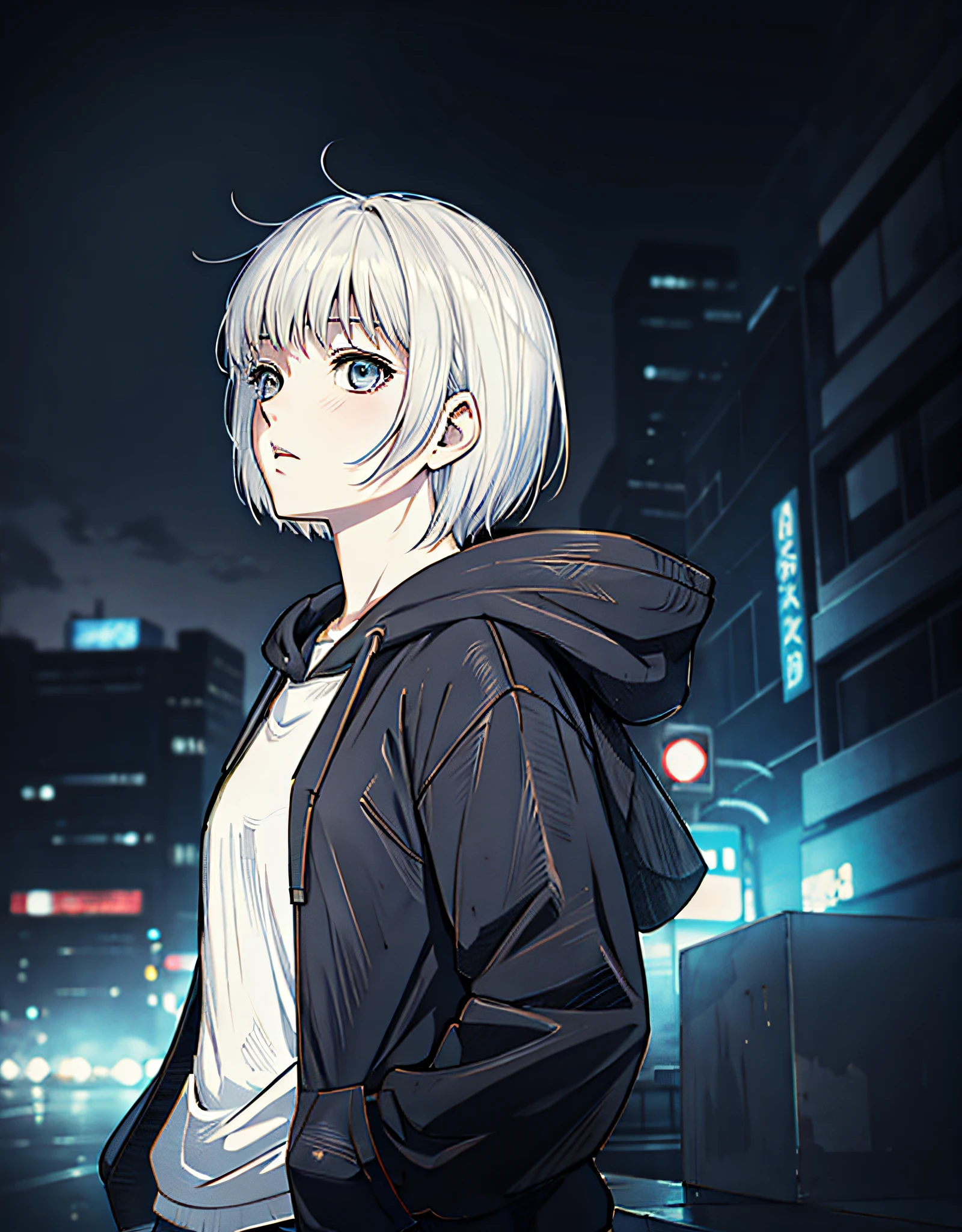 1girl, manga style, medium view, looking up, side view, hoodie, short hair, solo, (city background, lighting, blur: 1.2)