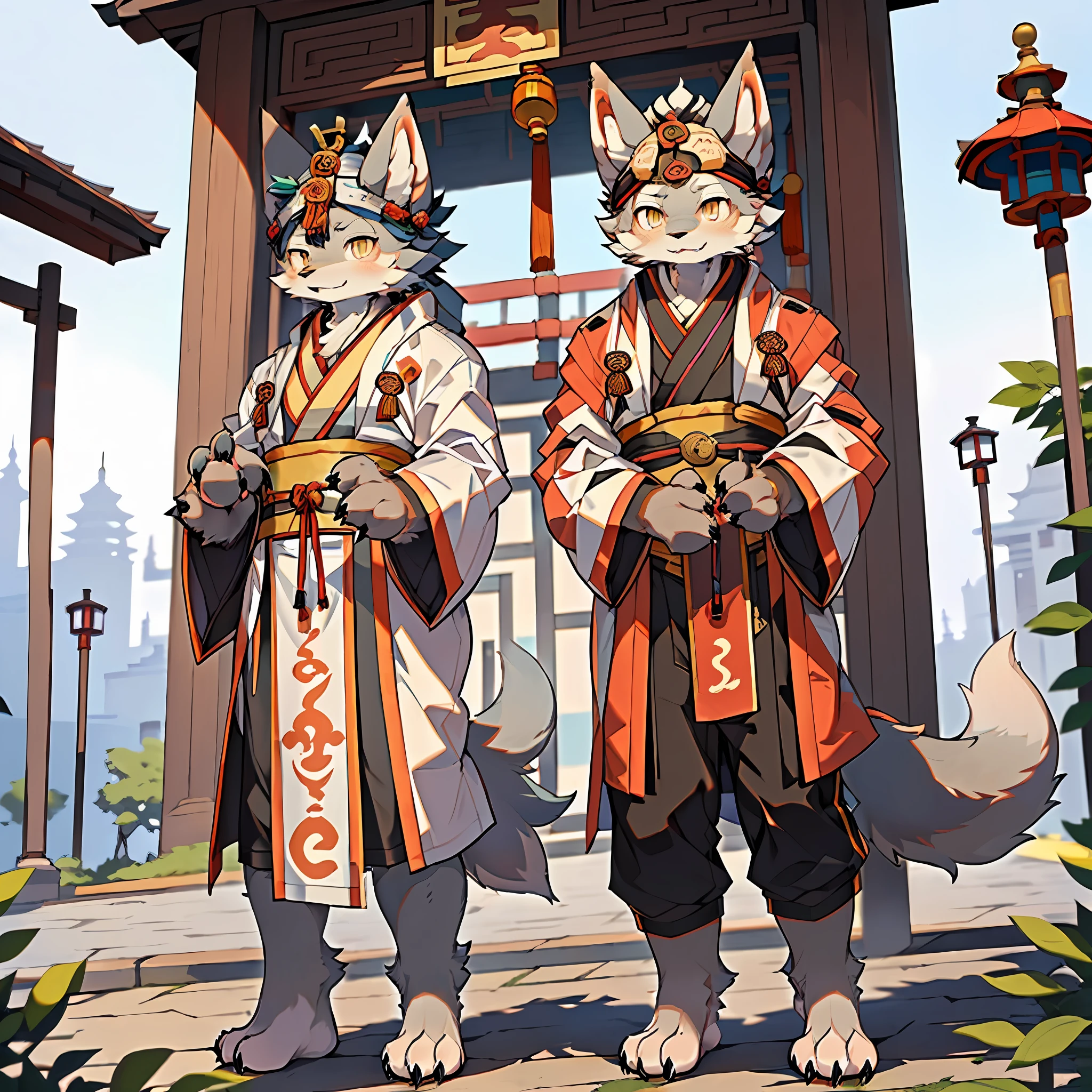(Best Quality), (Masterpiece), ((Solitary), (Ultra-detailed), (Furry), Full Body Furry, Furry, (Male Arctic Fox: 1.5), (Gray Skin: 1.3), (Fluffy Tail: 1.2), Character Focus, (Golden Eyes), (Canine Paws), (Gray Ears), Sharp Focus, (Furry Feeling of Animal Ears), (((Wearing Taoist Robe))), (Chinese Taoist Robe), Standing in front of the Taoist Temple, standing in front of the temple, with a serious and cold expression