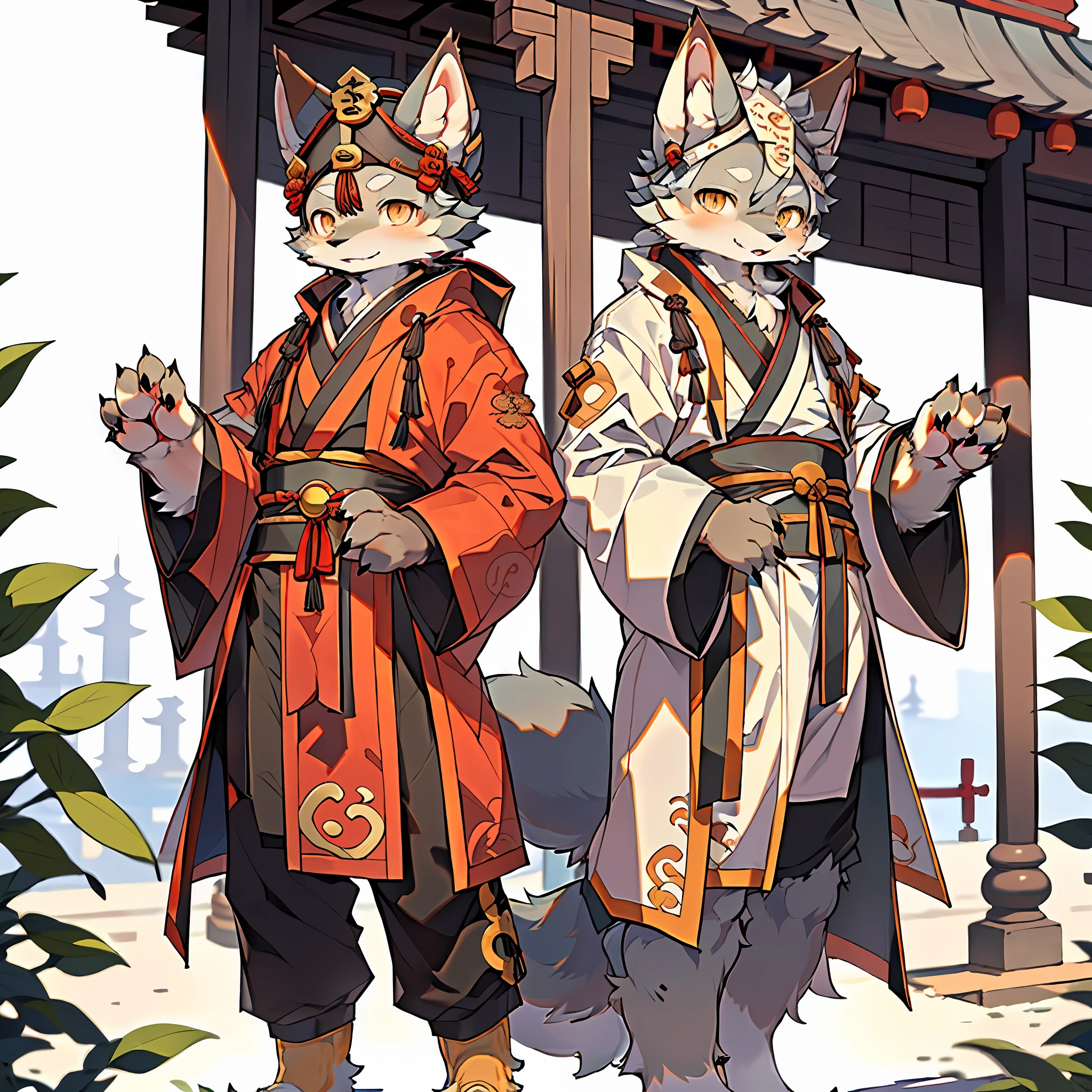 (Best Quality), (Masterpiece), ((Solitary), (Ultra-detailed), (Furry), Full Body Furry, Furry, (Male Arctic Fox: 1.5), (Gray Skin: 1.3), (Fluffy Tail: 1.2), Character Focus, (Golden Eyes), (Canine Paws), (Gray Ears), Sharp Focus, (Furry Feeling of Animal Ears), (((Wearing Taoist Robe))), (Chinese Taoist Robe), Standing in front of the Taoist Temple, standing in front of the temple, with a serious and cold expression
