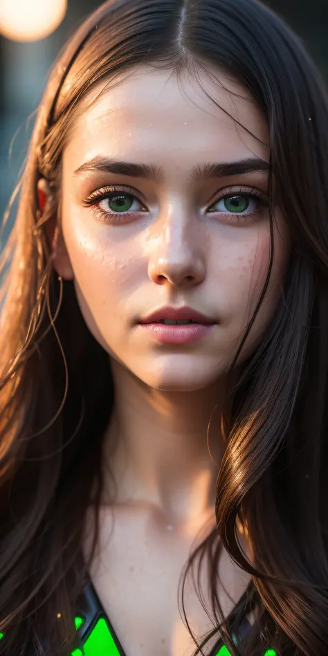 Full face portrait photo of 25 year old European girl, RAW, beautiful woman, half-open strawberry lips, dimples, longing gaze, green eyes, big pupils, big eyelashes, (very long wavy brown hair), ((detailed face)), ((detailed facial features)), (fine skin),...