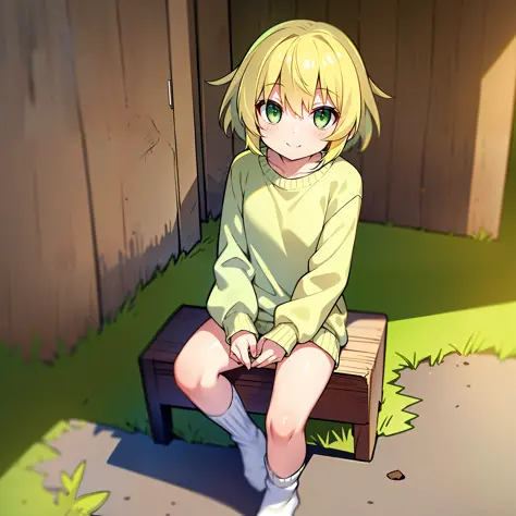 Girl, light yellow hair, green eyes, smile, flat chest, white sweater, no socks, about ten years old