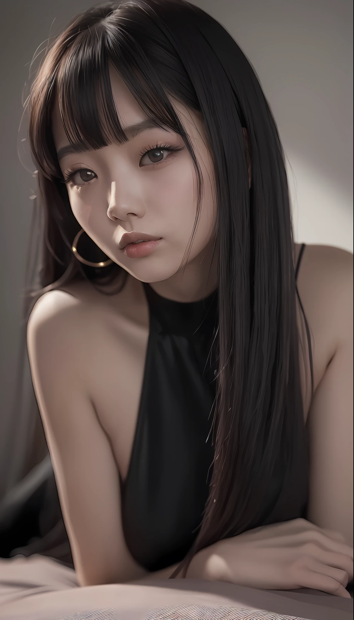 a Korean woman with very long black hair poses for a very sensual