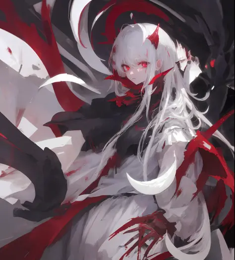 Best quality, 1 girl, solo, white hair, red eyes, blood, gloomy, dark, blackened, crow, demon horn, mature, hated