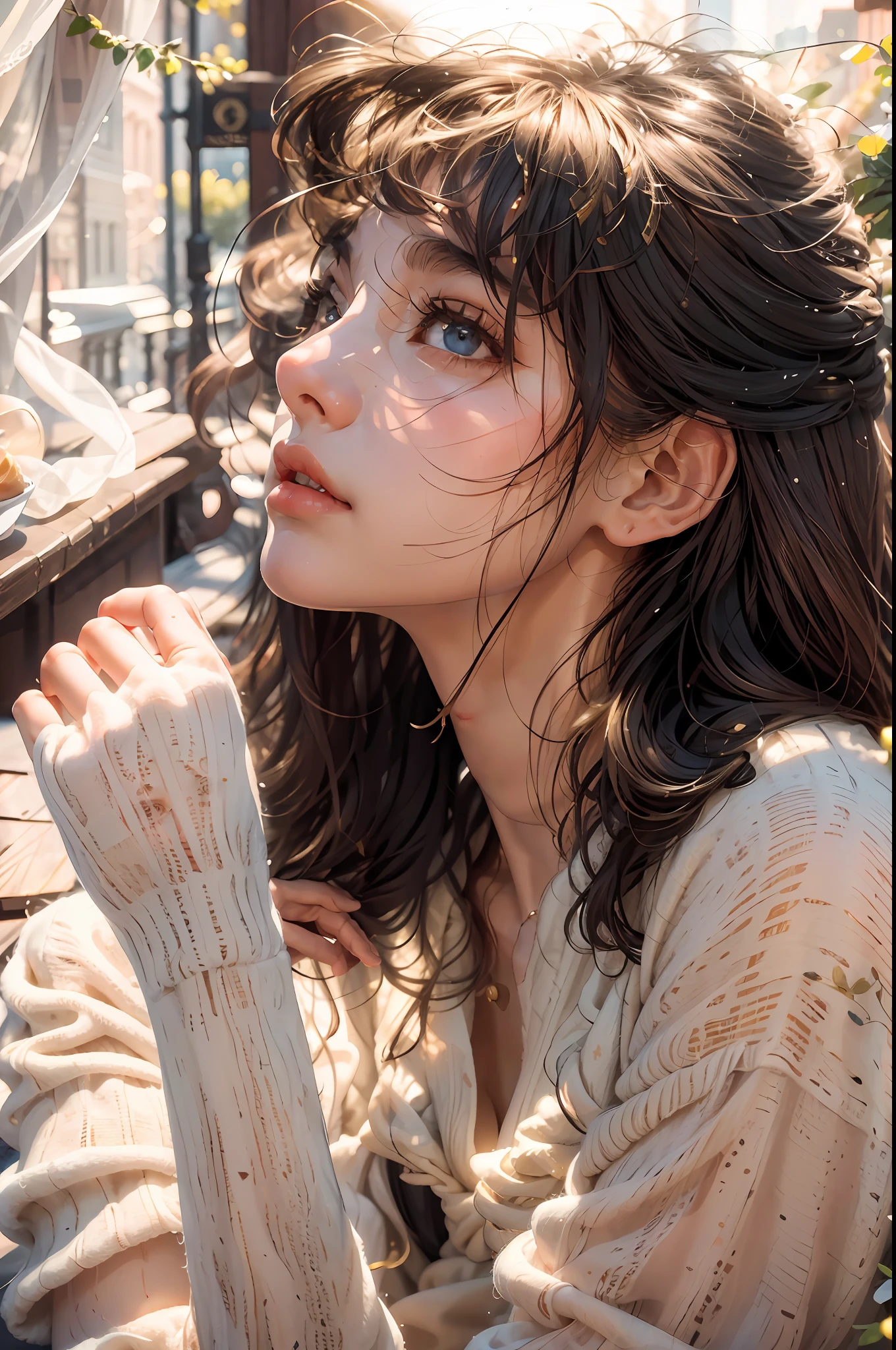 (Very detailed CG unity 8k wallpaper), (Masterpiece), (Best Quality), (Ultra Detailed), (Best Illustration), (Best Shadow), (Realism: 1.5), (PureErosFace_ V1:0.5), normal facial features, in line with normal people, eye proportions coordinated, real human skin, lens halo, shadow, glow, depth of field, natural lighting, soft light on the side, cute thin face of the girl, gentle and affectionate, affectionate, soft morning light, soft portrait shooting 8 K, beautiful light big eyes, Tae Junjin, beautiful soft light, beautiful young girl, beautiful cute, sunset light long hair blowing kiss on the cheek Aalfi woman, ethereal beauty, soft light from the side, Lovely and delicate face, deep gaze to the side, beautiful and delicate face, with ethereal light,