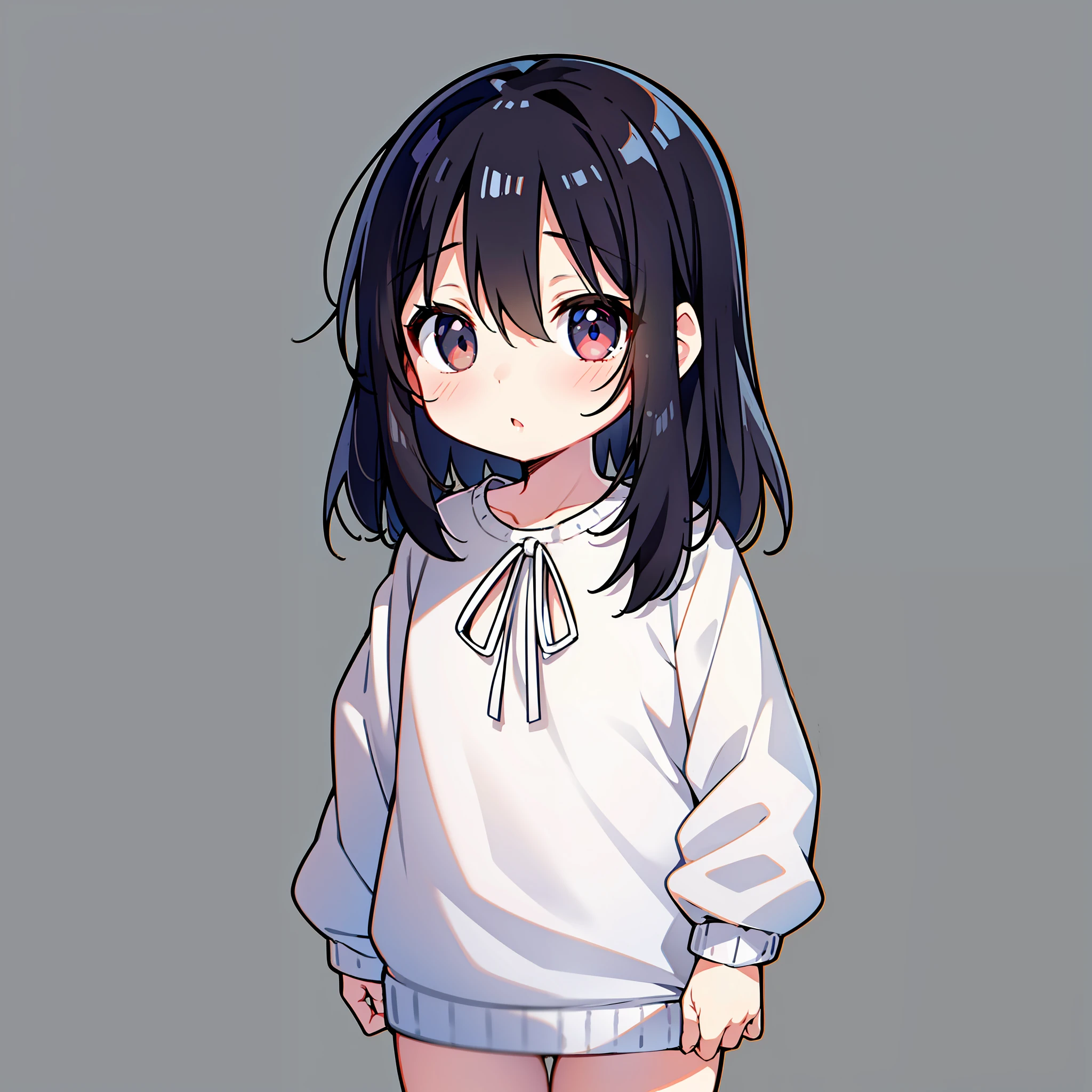 Girl, black hair, dark circles, blind eyes, flat chest, little girl, white sweater, no socks, about ten years old, loli, toddler