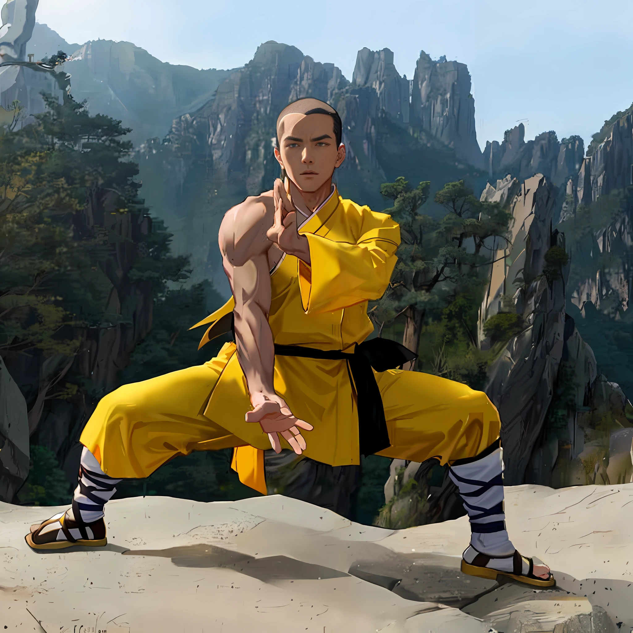 Arafed estilo anime bom homem de caridade de terno preto fazendo uma pose de caratê em uma pedra, pose de arte marcial, estilo sifu: 2, dojo em uma montanha, com tecidos amarelos, kung-fu, inspirado em Liao Chi-chun, avatar aang, vestes amarelas, inspired by Zhao Mengfu 🔥 😎 🕹️ 👀, monge com punho