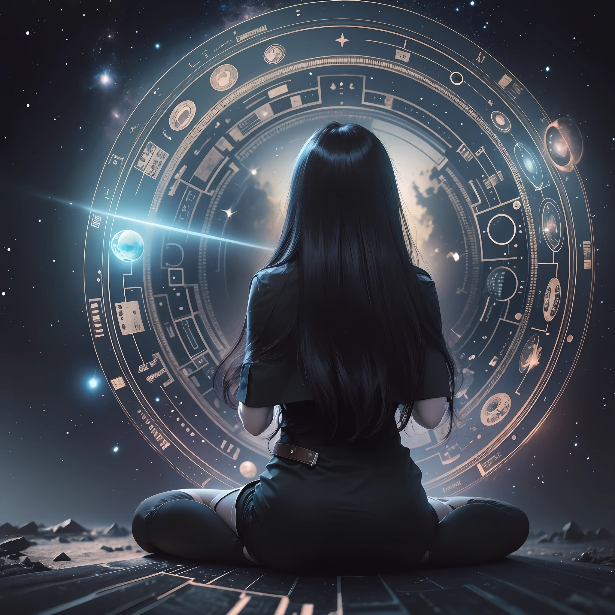 Mysterious space, dreamy landscape, fortune teller sitting, crystal ball glowing, fortune telling with tarot cards, fortune teller's face is invisible, fortune teller has black hair, cinematic, 8k, real --auto --s2
