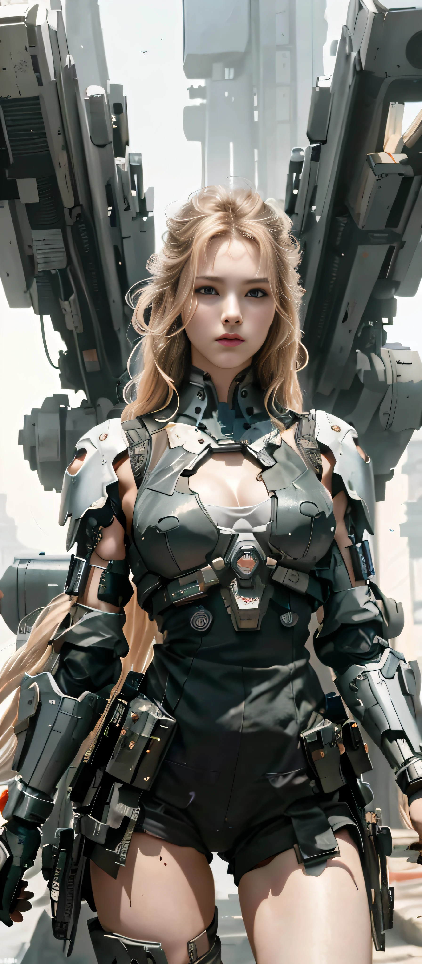 NSFW, Masterpiece, Best Quality, Cinema, Official Art, Propaganda Art, Cinema Wallpaper, Very Detailed CG Unified 4k Wallpaper, Intricate Details, White Background, Upper Body, Facial Focus, Concept Art, Production Art, ( , highres, (realistic, photo-realistic:1.2), physically-based rendering, machinery, reflection, realistic, cyberpunk, symmetric front view close up head shot eyes symmetry face very sharp focus realistic award winning matte drawing movie light 1 boy, mecha, (Illustration: 1.1), slender, big breasts, fair skin, delicate face, king robe, shine, tights, (long blonde hair), green eyes, battlefield, chip, shine, long sword