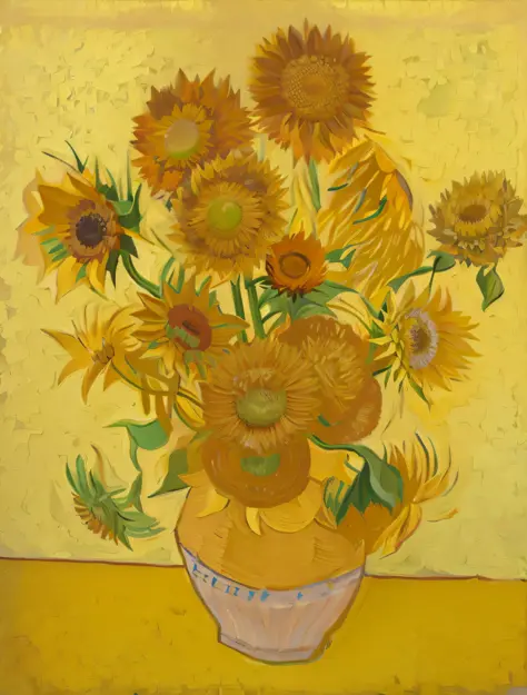 Vase painting with sunflowers on yellow table, Van Gogh, Vincent van Gogh painting, Van Gogh painting, Vincent van Gogh, von Gogh, photo courtesy of Art Museum, Museum Art, Vincent, Sunflower, Vincent van Gogh style, Van Gogh style, color: yellow sunflower...