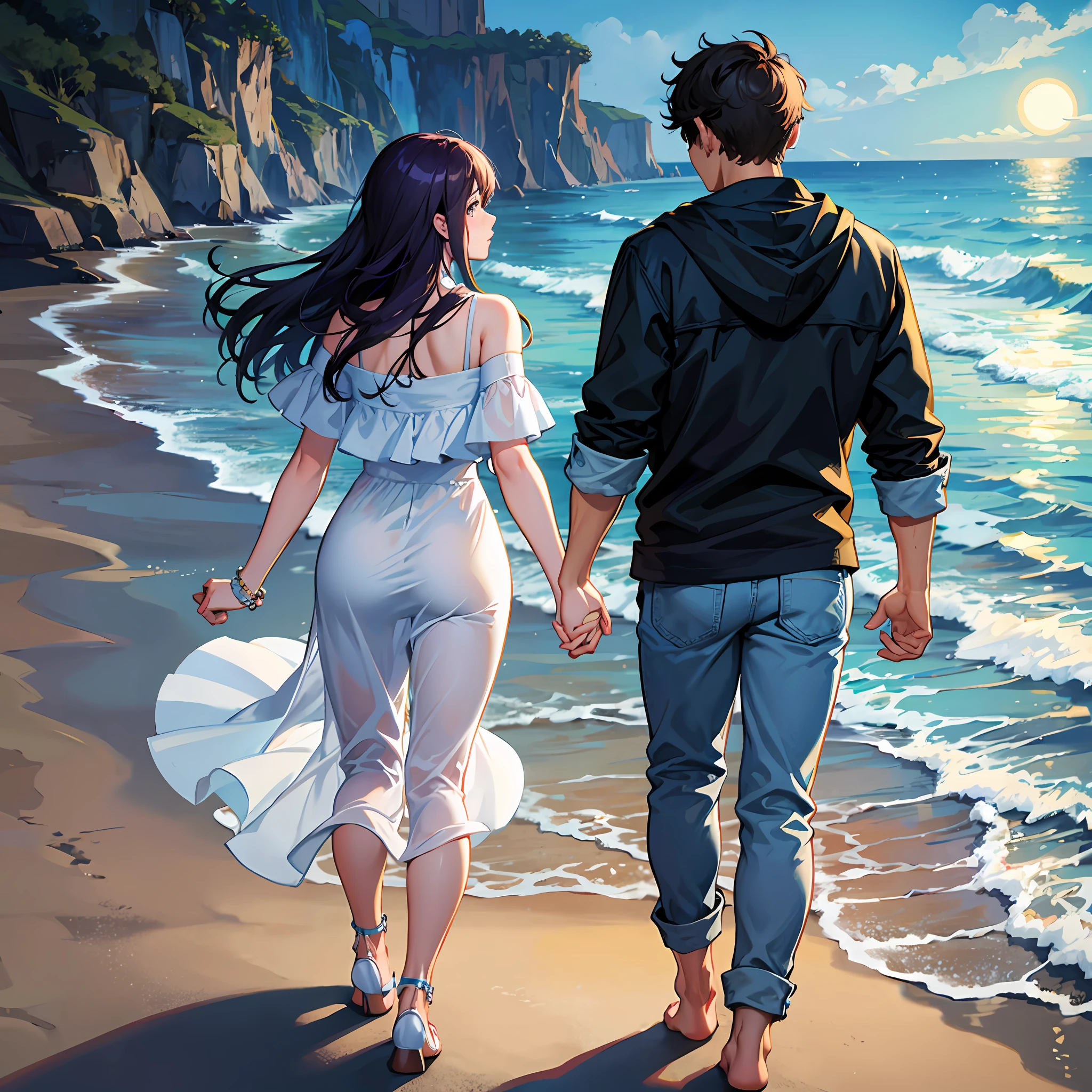 คู่รักจับมือกัน, เดินบนชายหาดใต้แสงจันทร์จากด้านหน้า --auto --s2