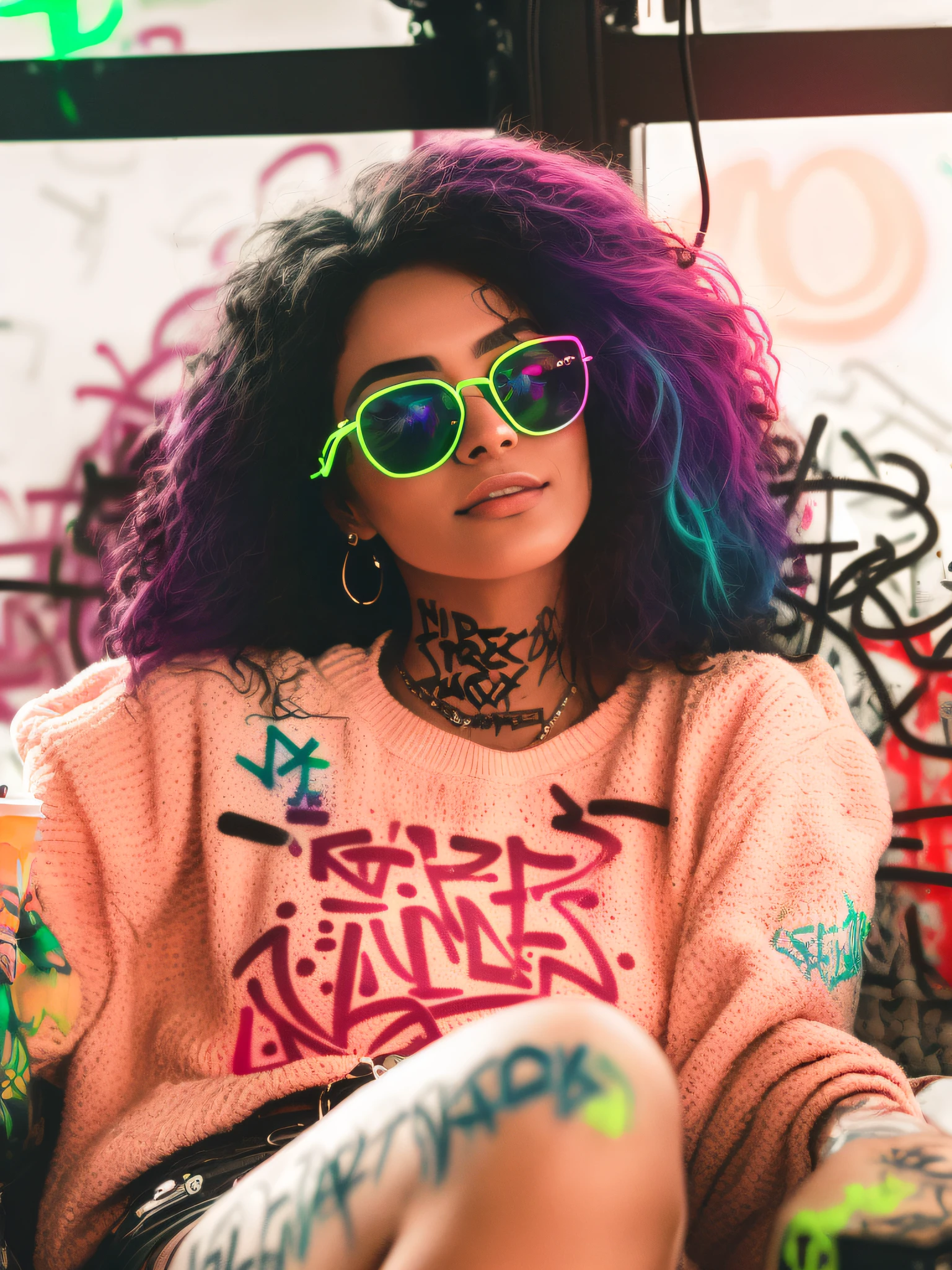 alta definición, (mejor detalle) (mejor calidad), Mujer Aalfi con gafas de sol sentada en una silla en el sofá, (((arte grafiti))), (((Estilo Trigger Studio, arte grafiti, Rock punk, colores neon))), Carne Griffiths