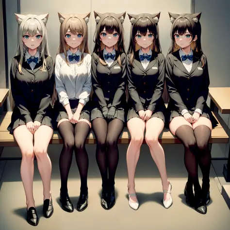 Maximum resolution, (five girls: 1.5), (five girls sitting in a row), (all have cat ears), school uniform