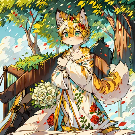 ((Masterpiece)), highest image quality ((furry)), ((pair of yellow cat ears)), ((cat tail)), blue pupils, short hair, leaves, de...