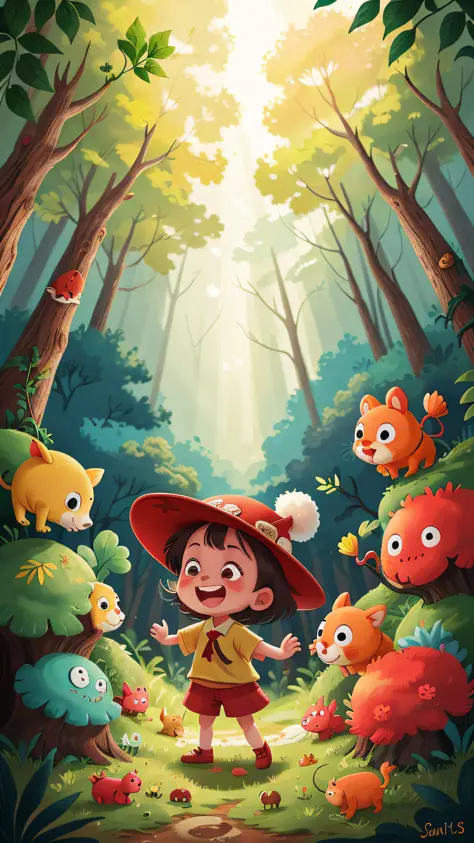 1 little girl, confident laughing, showing white teeth, with red hat, some small animals next to it, forest scene
