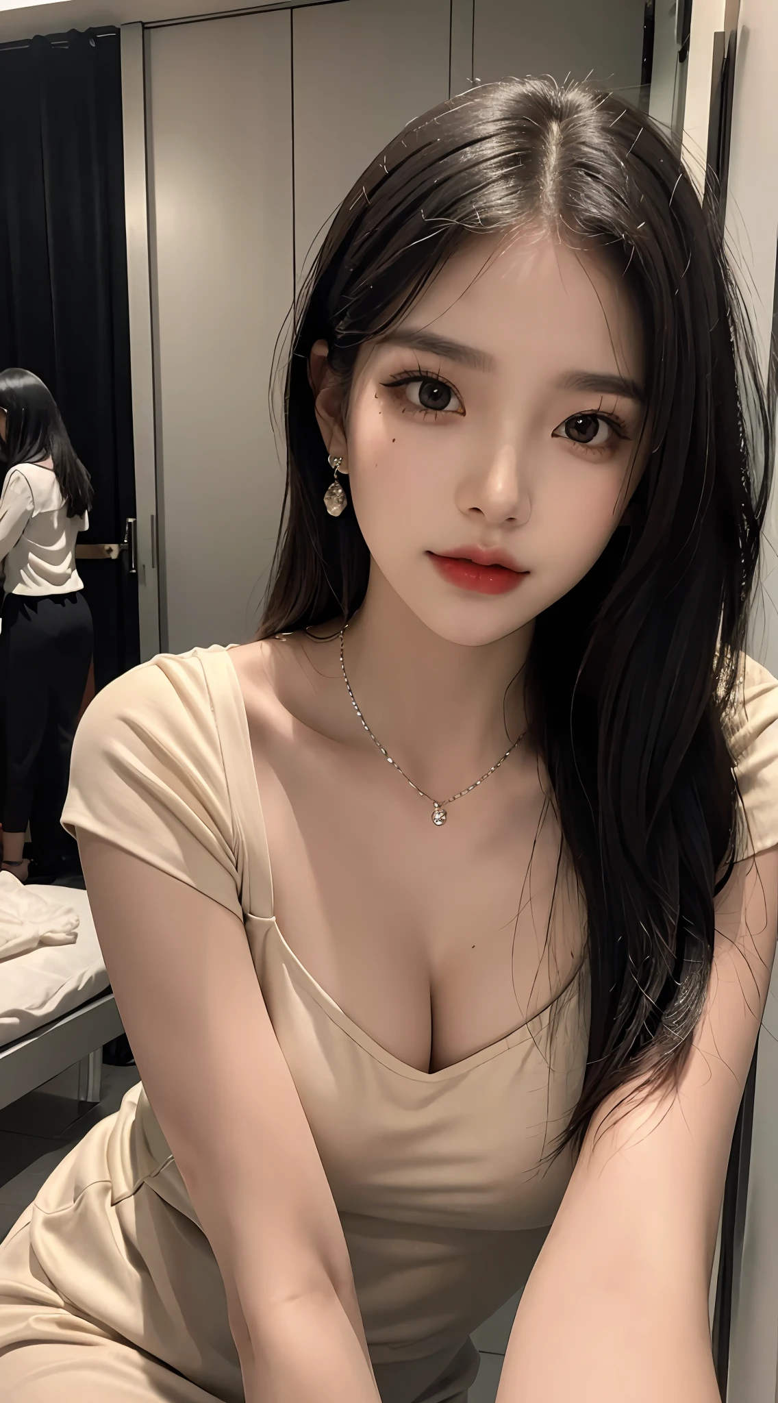 (Masterpiece), best quality, 8K resolution, 3D, close-up, a beautiful girl in a suspender dress, with a necklace, a beauty mole under the corner of the left eye , perfect figure, ((beautiful detailed face)), (upper body: 1.3), black hair (messy), delicate makeup, red lips, shiny lips, long eyelashes, with silver earrings, bright big eyes, eye shadow, lying silkworm, movie lighting, cute girl, master work, high detail, colorful picture, light and shadow details, Extremely delicate beautiful girl, tender and fair skin, delicate facial features, perfect face, stunning beauty, extreme details, realistic details, facing the audience, holding a mobile phone to take a selfie, Clear focus: 1.2, 1girl