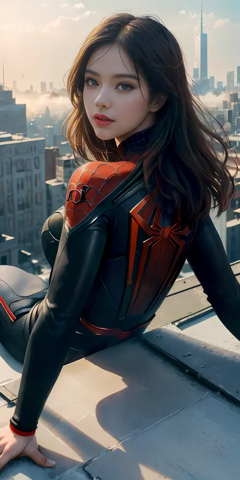 (A girl in a red-black Spider-Man suit lying on all fours on the edge of the building, legs apart, butt raised, looking back: 1.4), upper body lying on the ground, solo, ((very detailed face))), ((very detailed eyes and face)))), beautiful details eyes, bo...