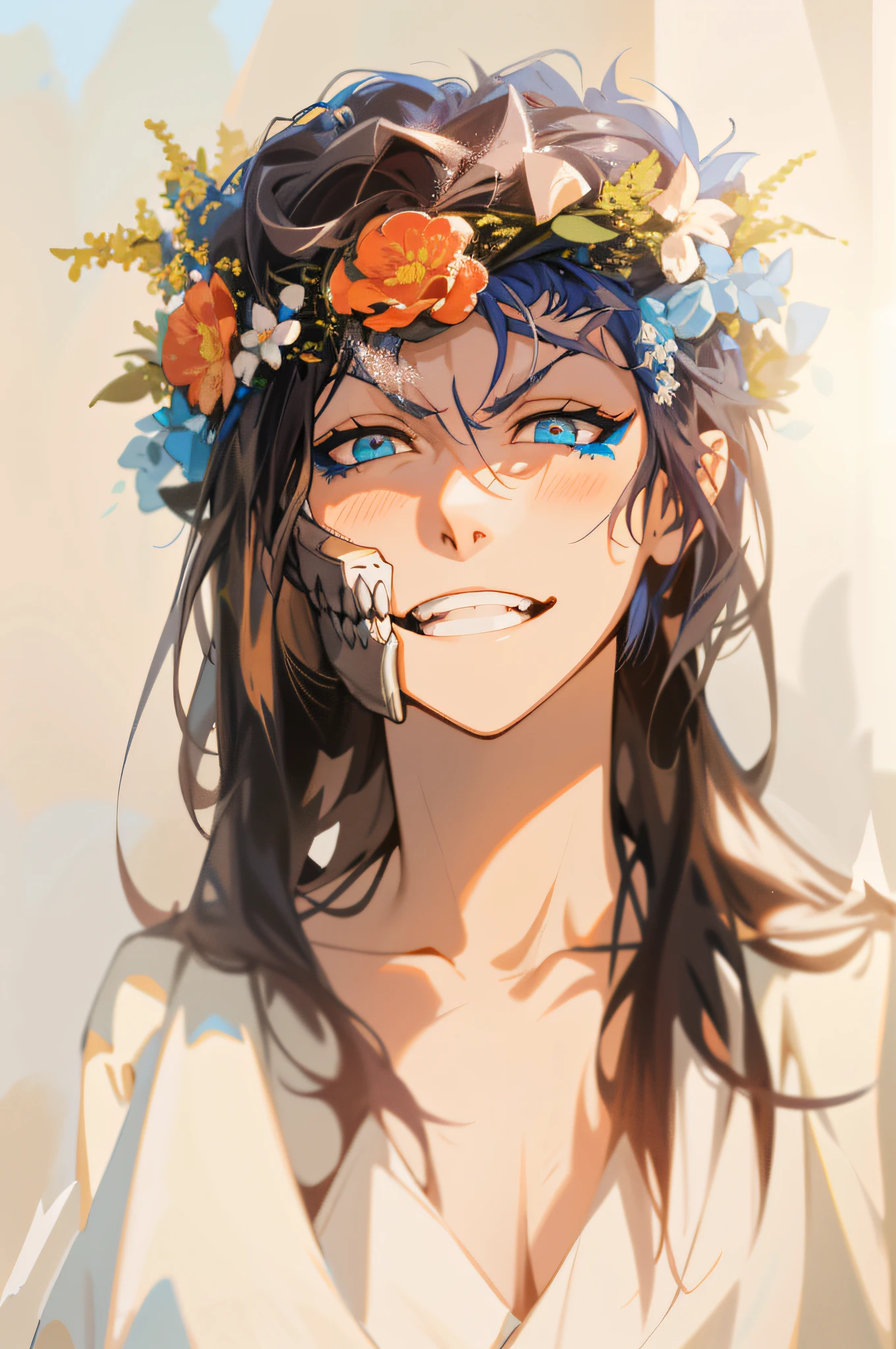 HD, (Best Detail) (Best Quality), with a woman with a flower crown on her head, Grimjo Jaegyaks, black boots, natural light, blue sky, angry eyes, smile, looking at the viewer, full body,