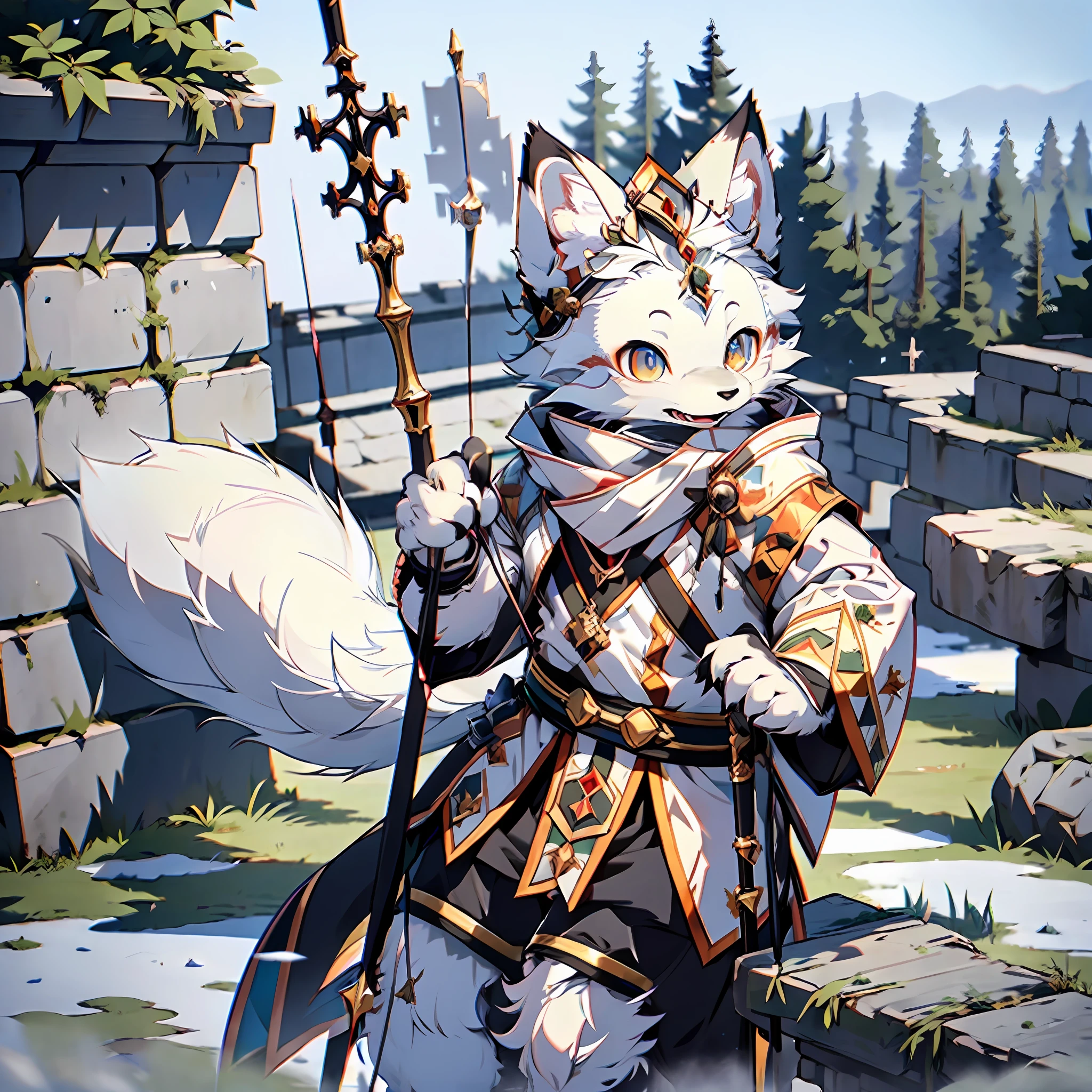 (Best Quality), (Masterpiece), ((Single 1.5)), (Ultra Detailed), (Furry), Full Body Furry, Furry, (Male Arctic Fox: 1.5), (Grey Skin: 1.3), (Fluffy Tail: 1.2), Character Focus, (Golden Eyes), (Canine Paws), (Grey Ears), Sharp Focus, (Furry Feeling of Animal Ears), Standing on the Wall of a Medieval Castle, Holding a Bow, Archer Style, Medieval Style, Bow and Arrow, ((Serious Expression)) ,((cold))