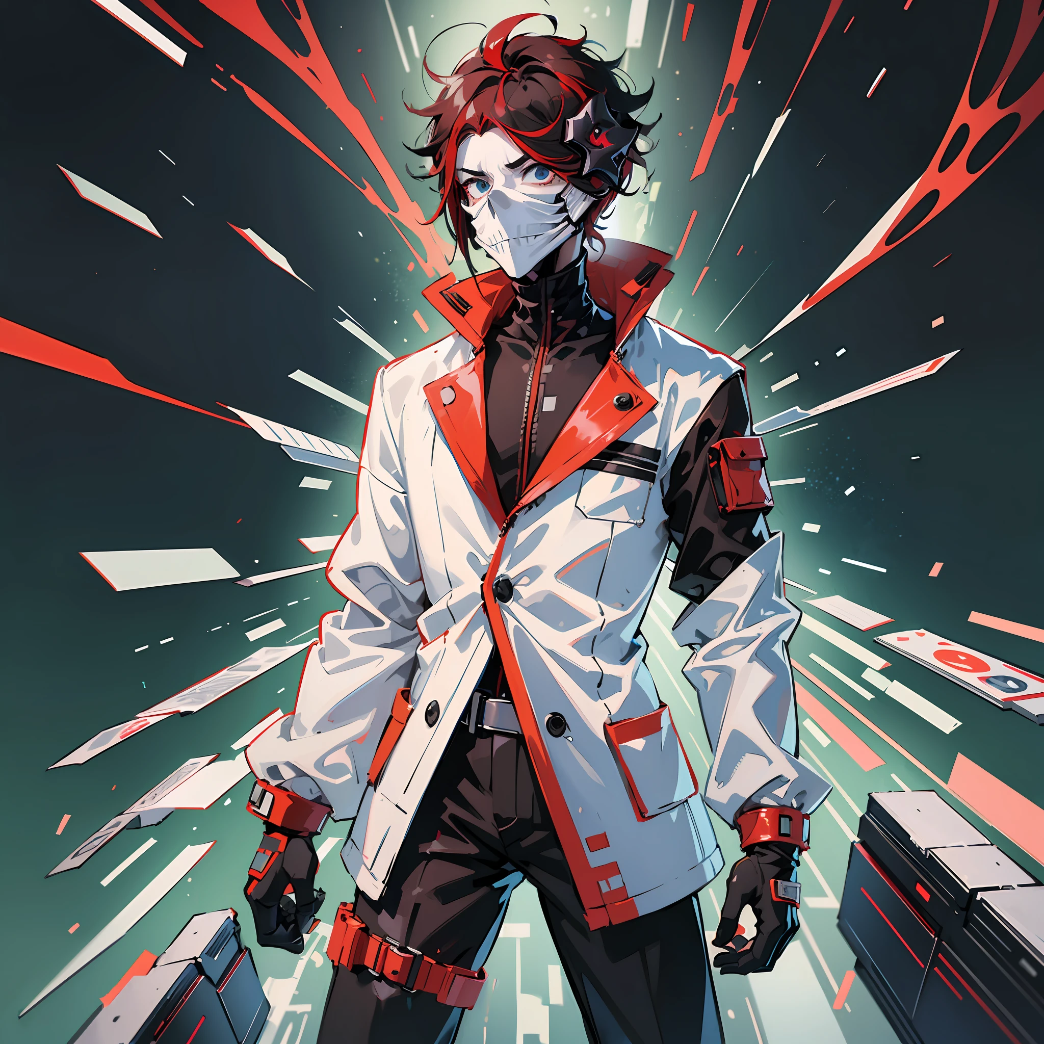 A close up of a person in a white jacket and red and black jacket