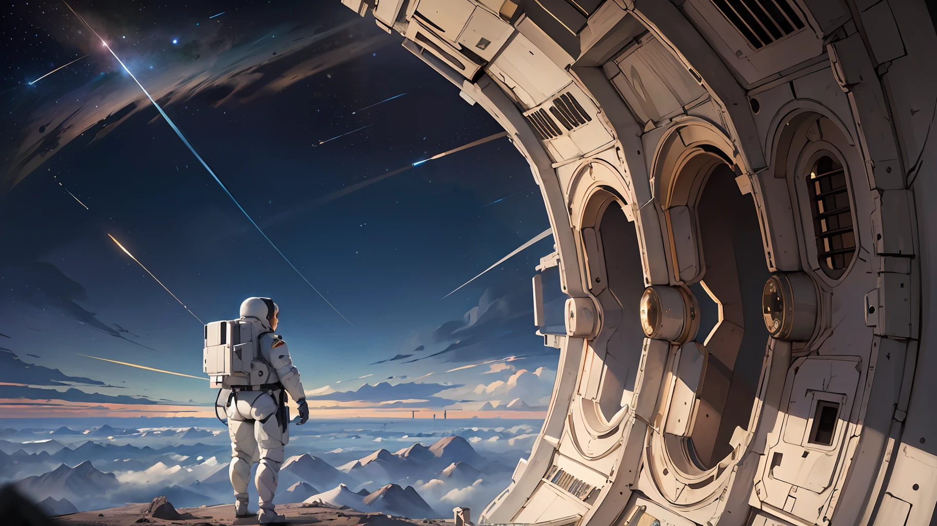 ((masterpiece)), ((best quality)), 8k, high detailed, ultra-detailed,A scene of a breathtaking and grand space image is depicted in the painting. The picture shows a person wearing a spacesuit, facing the back, looking at the upper body of a huge, broken humanoid robot floating in space. The scene is incredibly detailed and the clarity is extraordinary, capturing every intricate detail of the panorama.