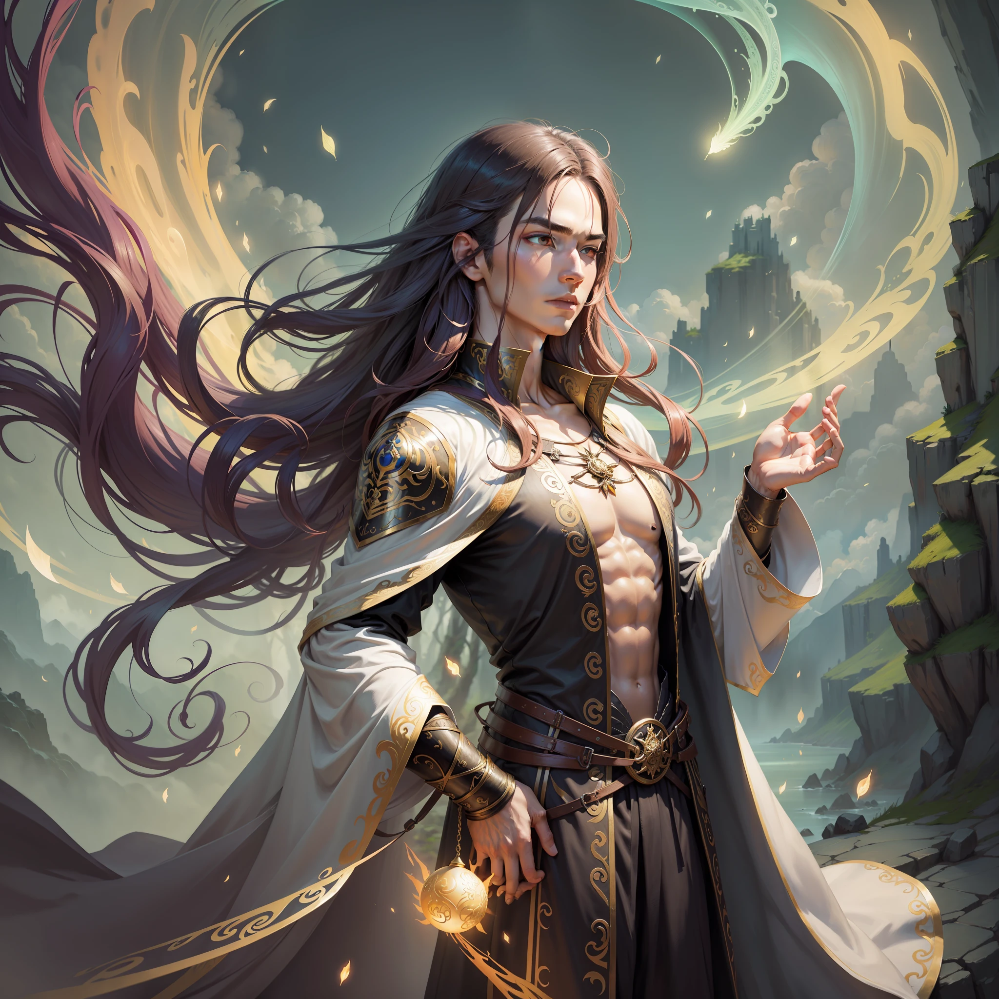 Oriental fantasy story background. The fairy air lingers and the environment is bright. Atmosphere. Perspective. A male. Long hair young and handsome. Wearing a mage's robe. Assertive. Body. Big background high quality. The face is delicate