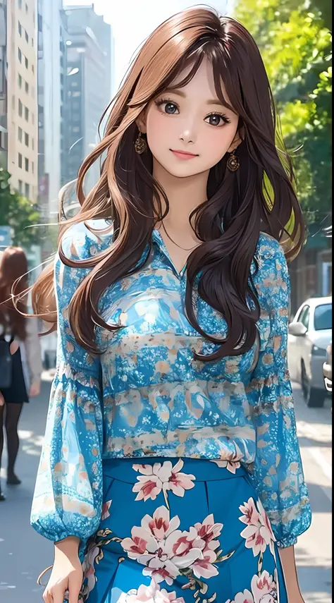 (masterpiece, best quality), beautiful woman, wavy hair, assymetrical bangs, printed blouse, skirt, perfect face, beautiful face...
