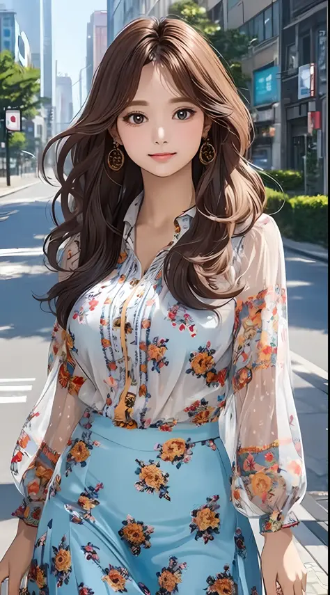 (masterpiece, best quality), beautiful woman, wavy hair, assymetrical bangs, printed blouse, skirt, perfect face, beautiful face...