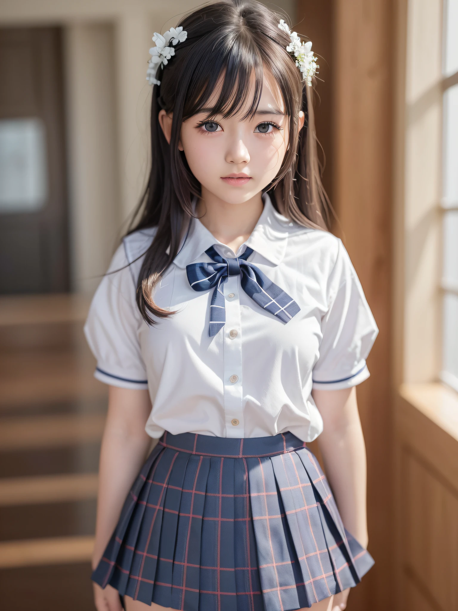 1 nogizaka girl, utterly cute, bishojo, 15yo, (white  short sleeves), blue plaid pleated skirt, an exquisitely detailed and beautiful face and eyes and skin, detailed black shine hair, smile at the camera, cowboy shot, the way from school to home, professional lighting, BREAK, (realistic, photo-realistic:1.37), 8k, (masterpiece), (best quality:1.4), (ultra high res:1.2), (RAW photo:1.2), (ultra detailed beautiful cloth), perfect anatomy, 4fingers and 1thumbs, ultra detailed background, (unity 8k wallpaper)
