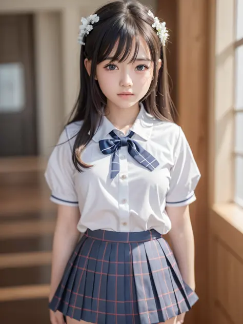 1 nogizaka girl, utterly cute, bishojo, 15yo, (white school uniform short sleeves), blue plaid pleated skirt, an exquisitely det...