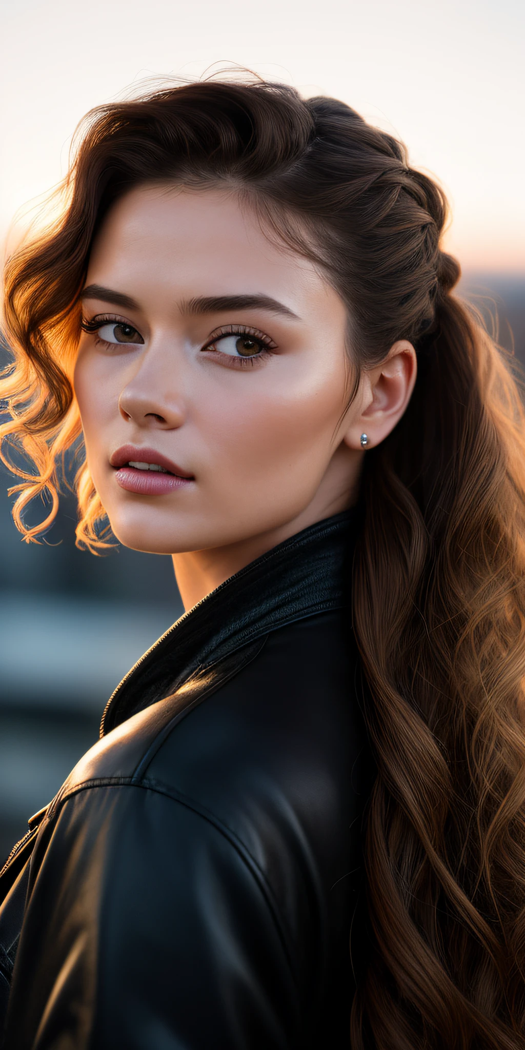 Full face portrait photo of 25 year old European girl, RAW, beautiful woman, semi-open strawberry lip, dimples, wistful expression, (extra long wavy brown hair), ((detailed face)), ((detailed facial features)), (fine detailed skin), pale skin, (detailed tech cyberpunk dress with deep neckline), Cyberpunk megacity environment, (cool colors), wet, damp, reflection, (masterpiece) (perfect proportions) (realistic photos) (highest quality) (detail) shot with Canon EOS R5, 50mm lens, f/2.8, HDR, (8k) (wallpaper) (cinematic lighting) (dramatic lighting) (sharp focus) (complex), raw photos, raw photos, gigachad photos, Camera Pose, Black Jeans, Back Arm, 8K UHD, DSLR, High Quality, Grain Film, Fujifilm XT3, Film Stock Photo 4 Kodak Portra 400 Camera F1.6 Lens Rich colors Ultra-realistic textures Dramatic lighting Unreal Engine Art Station Trends Cinestill 800 tungsten, toughboy style, Ultra focus face, intimidating, combat position, short messy hair, muscles, bursting veins, beads, black and long curly, ponytail,