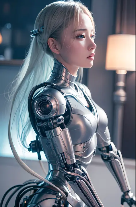 Complex 3d rendering ultra detailed beautiful porcelain profile female android face, cyborg, robot parts, 150mm, beautiful studio soft light, big breasts, rim light, vivid details, gorgeous cyberpunk, lace, surreal, anatomical, facial muscles, cable wire, ...